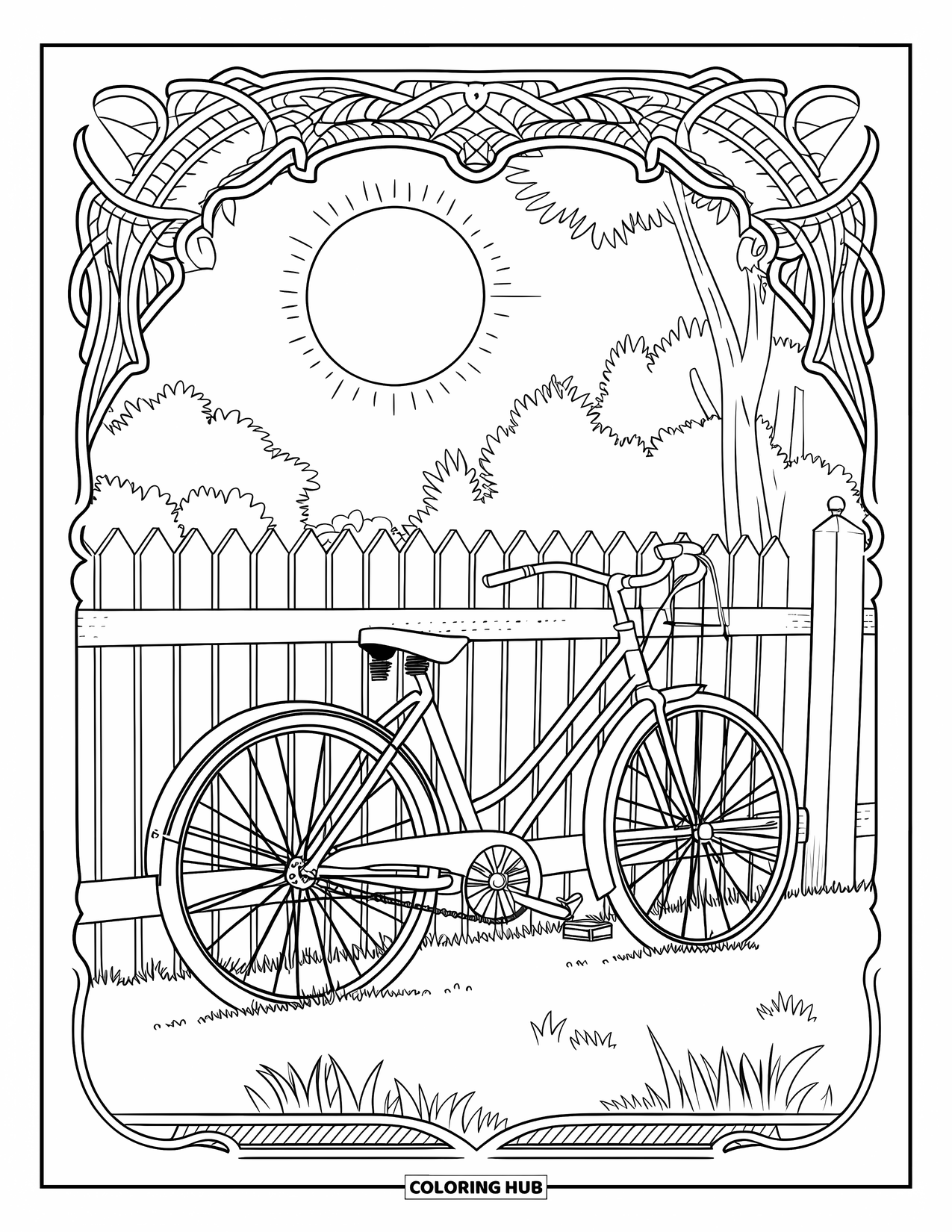 Sonnen Tag Ausmalbild für Erwachsene: Eine ländliche Szene mit einem Fahrrad, Wildblumen und einer ruhigen Straße unter der Sonne