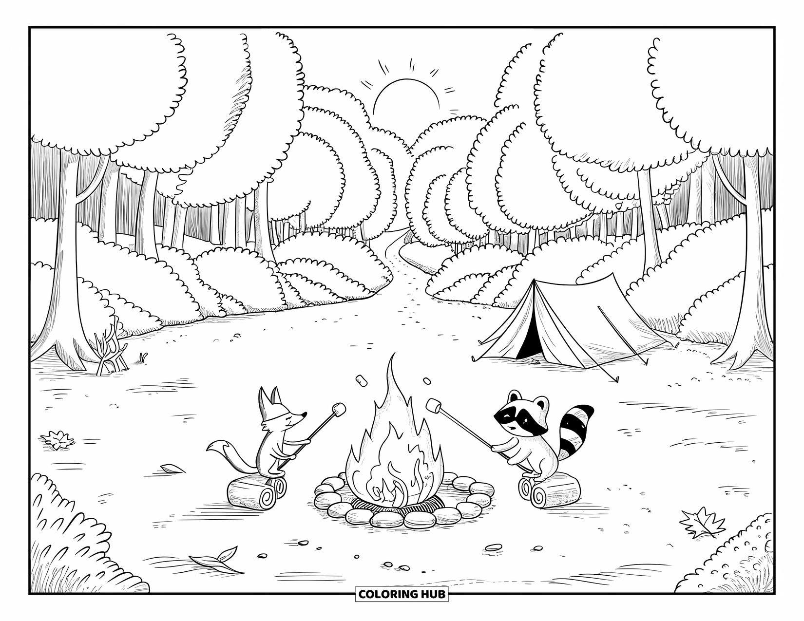Sonnen Tag Ausmalbild für Erwachsene: Ein gemütlicher Campingplatz mit einem Fuchs und einem Waschbären, die Marshmallows unter der strahlenden Sonne rösten