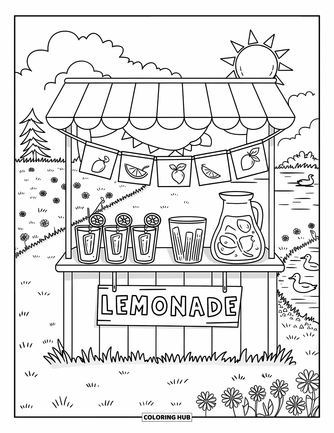 Sonnen Tag Ausmalbild für Erwachsene: Ein gemütlicher Limonadenstand mit entzückenden Details lädt Besucher zu einem erfrischenden Getränk ein