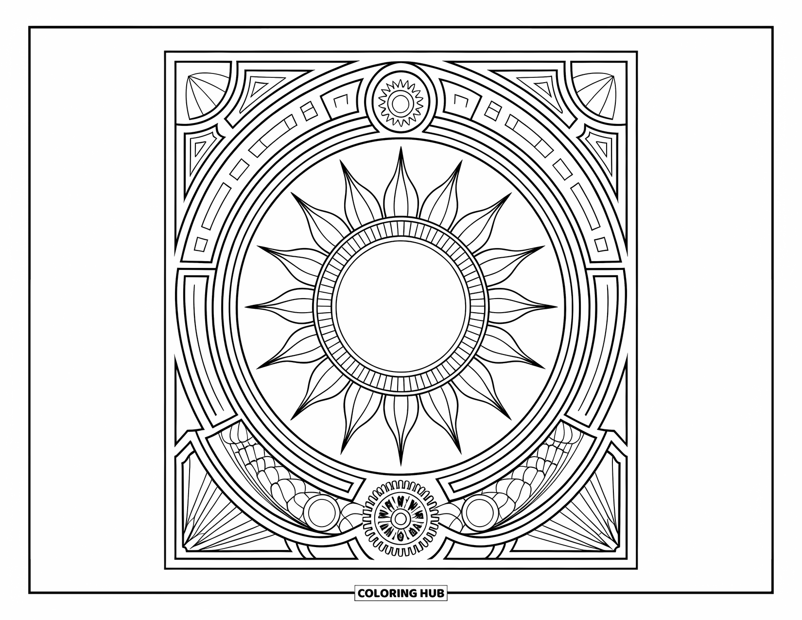 Sonnen Tag Ausmalbild für Erwachsene: Eine dekorative Steampunk-Sonne mit Zahnrädern und Rädern befindet sich in einem aufwendig gemusterten Hintergrund