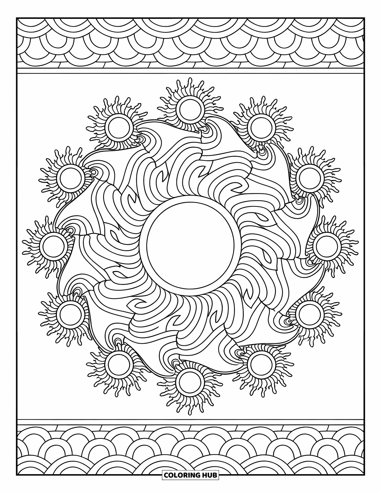 Sonnen Tag Ausmalbild für Erwachsene: Eine dekorative Sonne mit geschichteten Mandala-Details strahlt komplizierte, wirbelnde Muster aus