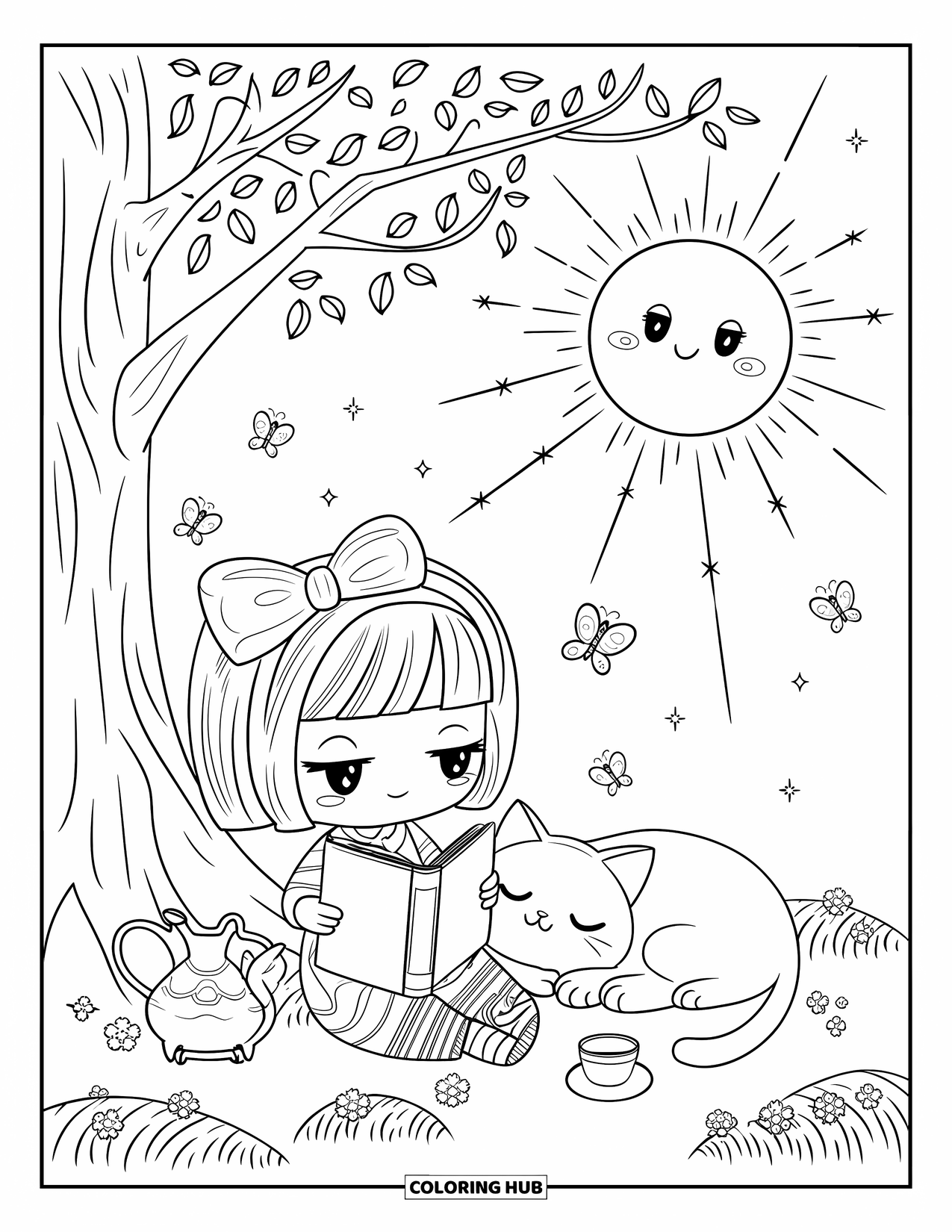 Sonnen Tag Ausmalbild für Erwachsene: Ein Mädchen mit einer großen Schleife liest mit einem Teeservice und einer schläfrigen Katze unter einem Baum
