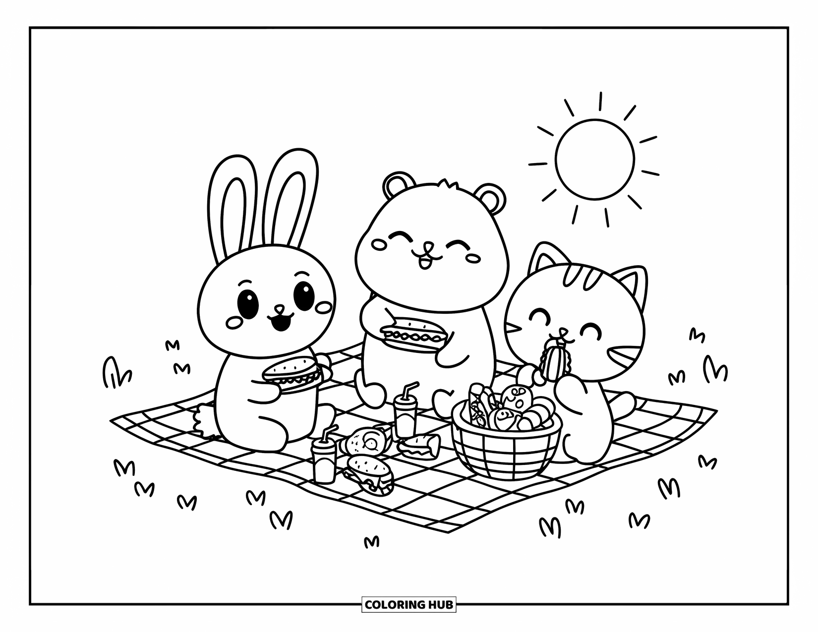 Sonnen Tag Ausmalbild für Erwachsene: Eine Gruppe bezaubernder Tierfreunde teilt Snacks auf einer Picknickdecke in einer grasbewachsenen Wiese