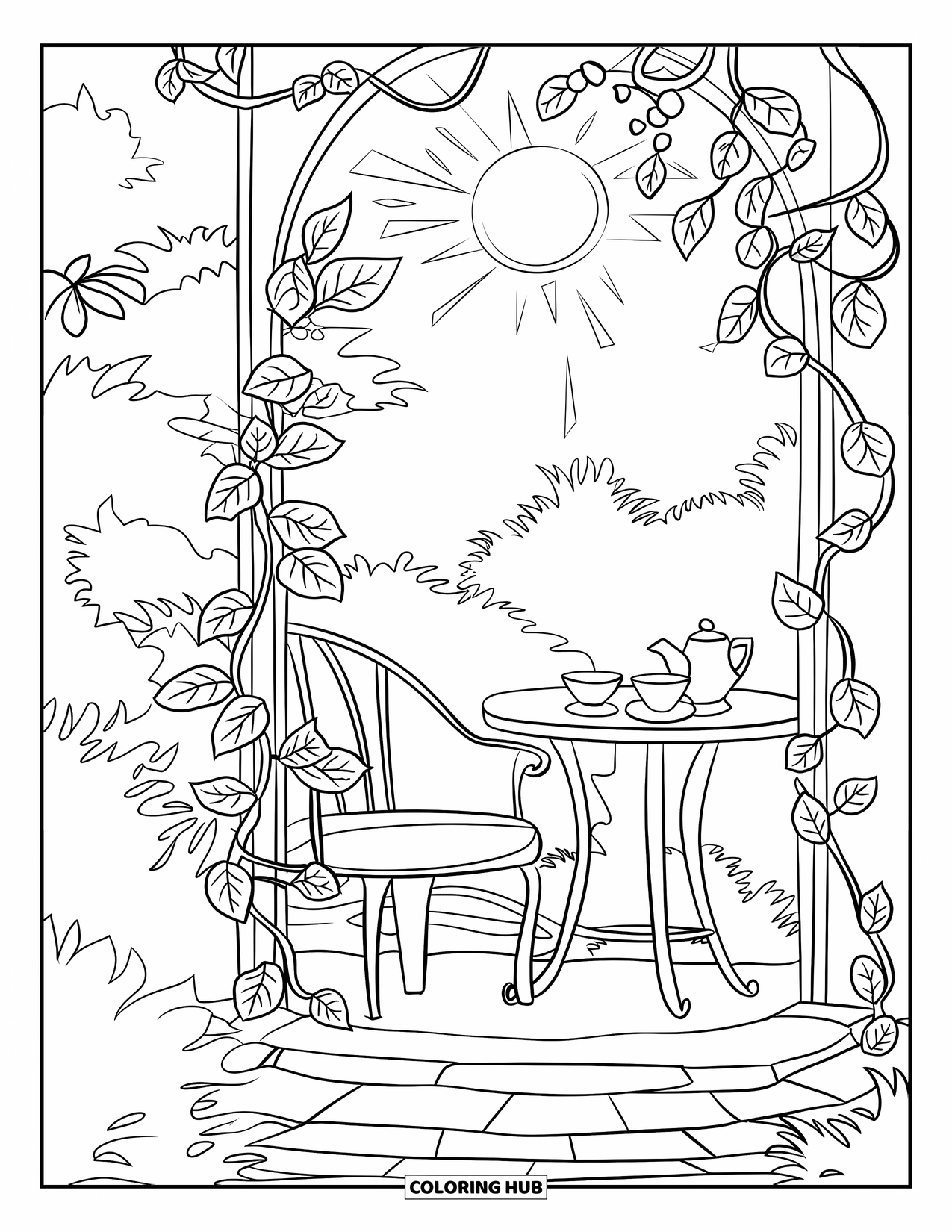 Sonnen Tag Ausmalbild für Erwachsene: Eine versteckte Gartenoase mit einem gemütlichen Stuhl, einem Teeservice und rankenden Weinreben