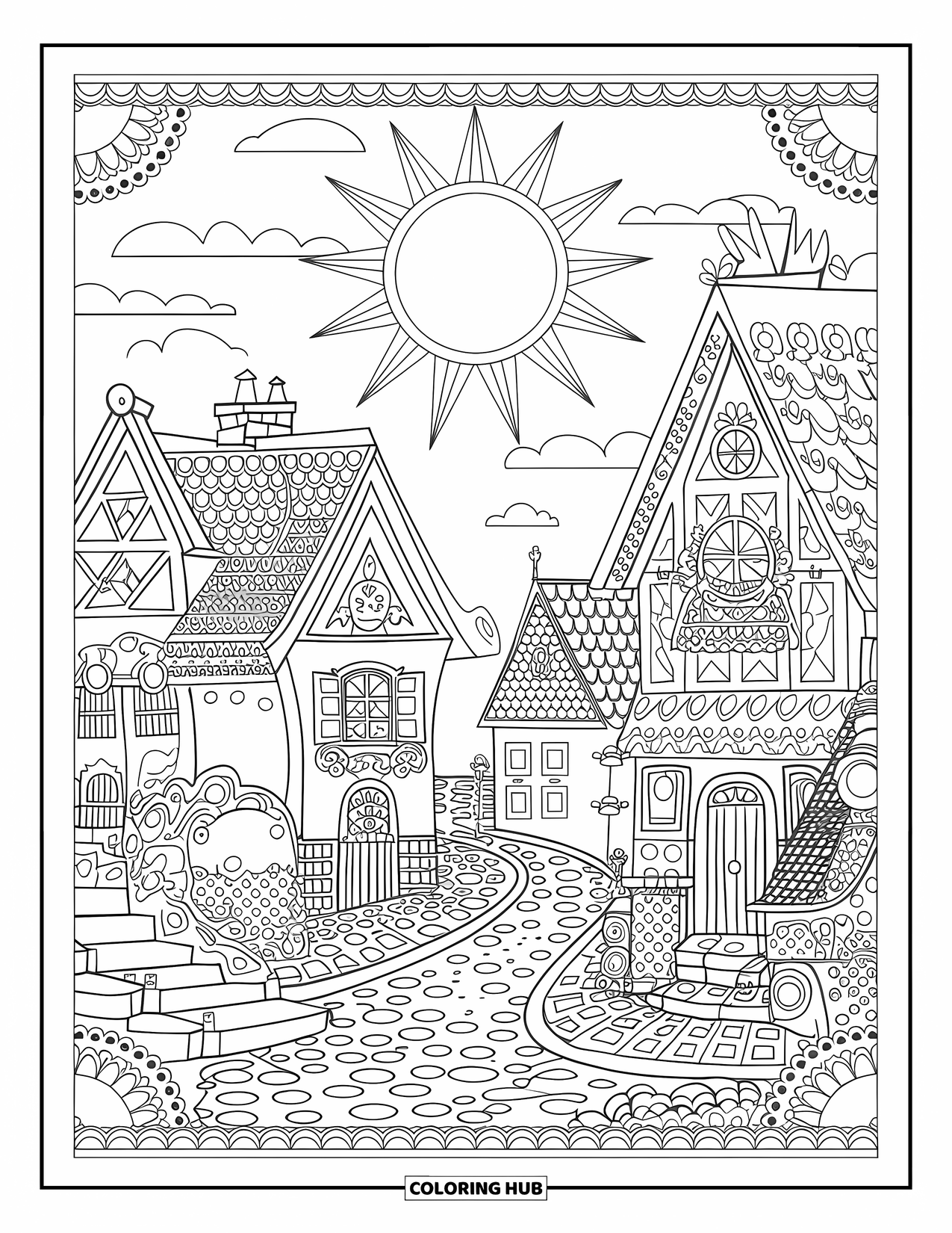 Sonnen Tag Ausmalbild für Erwachsene: Ein magisches Dorf im europäischen Stil mit Kopfsteinpflasterstraßen und malerischen Häusern unter der strahlenden Sonne