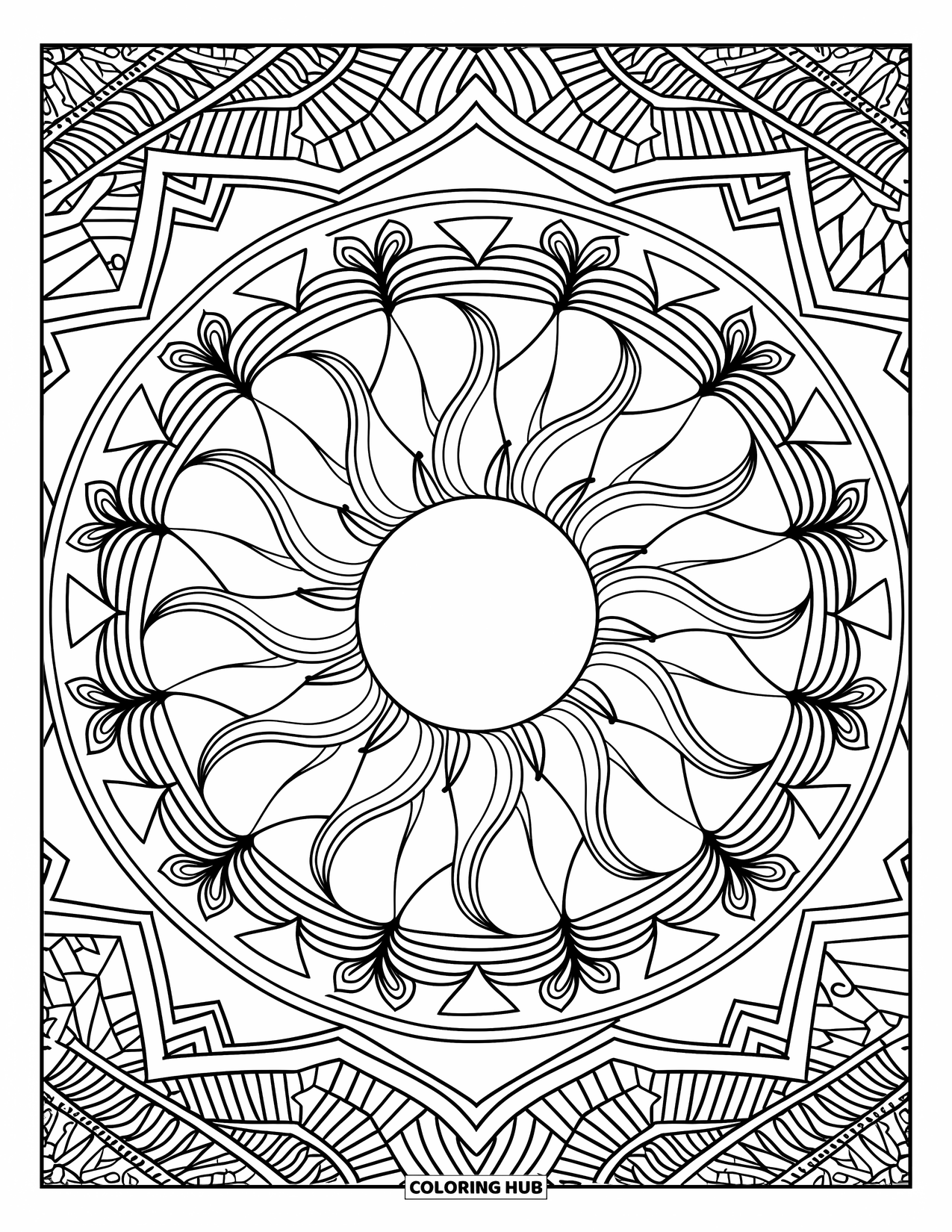 Sonnen Tag Ausmalbild für Erwachsene: Ein Mandala-inspiriertes Sonnendesign mit detaillierten Mustern und fließenden, symmetrischen Elementen