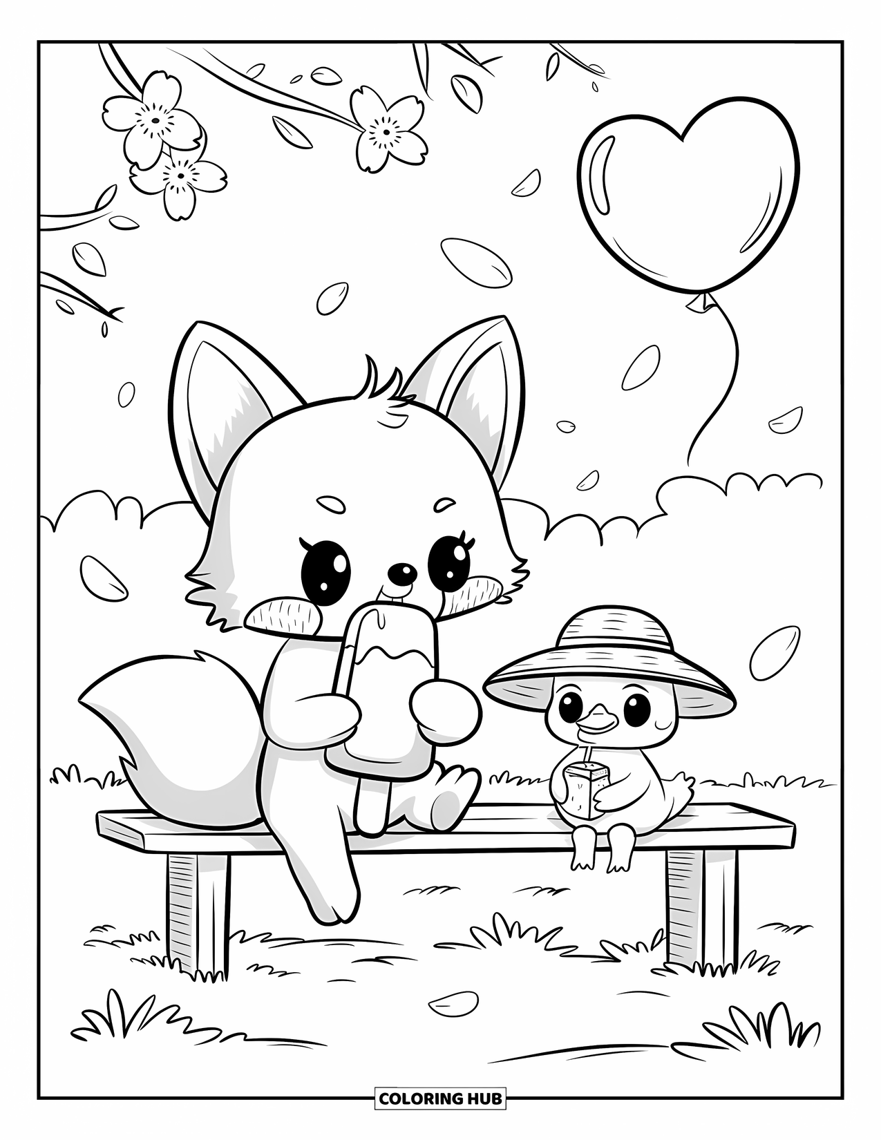 Sonnen Tag Ausmalbild für Erwachsene: Eine friedliche Parkszene mit einem Fuchs, einer Ente, Kirschblüten und einem herzförmigen Ballon