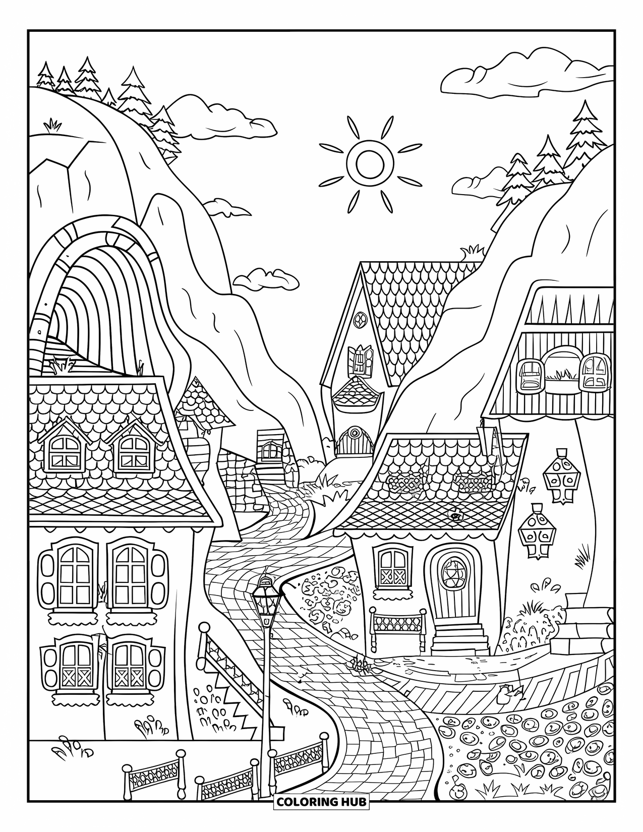 Sonnen Tag Ausmalbild für Erwachsene: Ein malerisches Dorf mit gepflasterten Wegen, Holztüren und einem warmen, sonnenbeschienenen Himmel