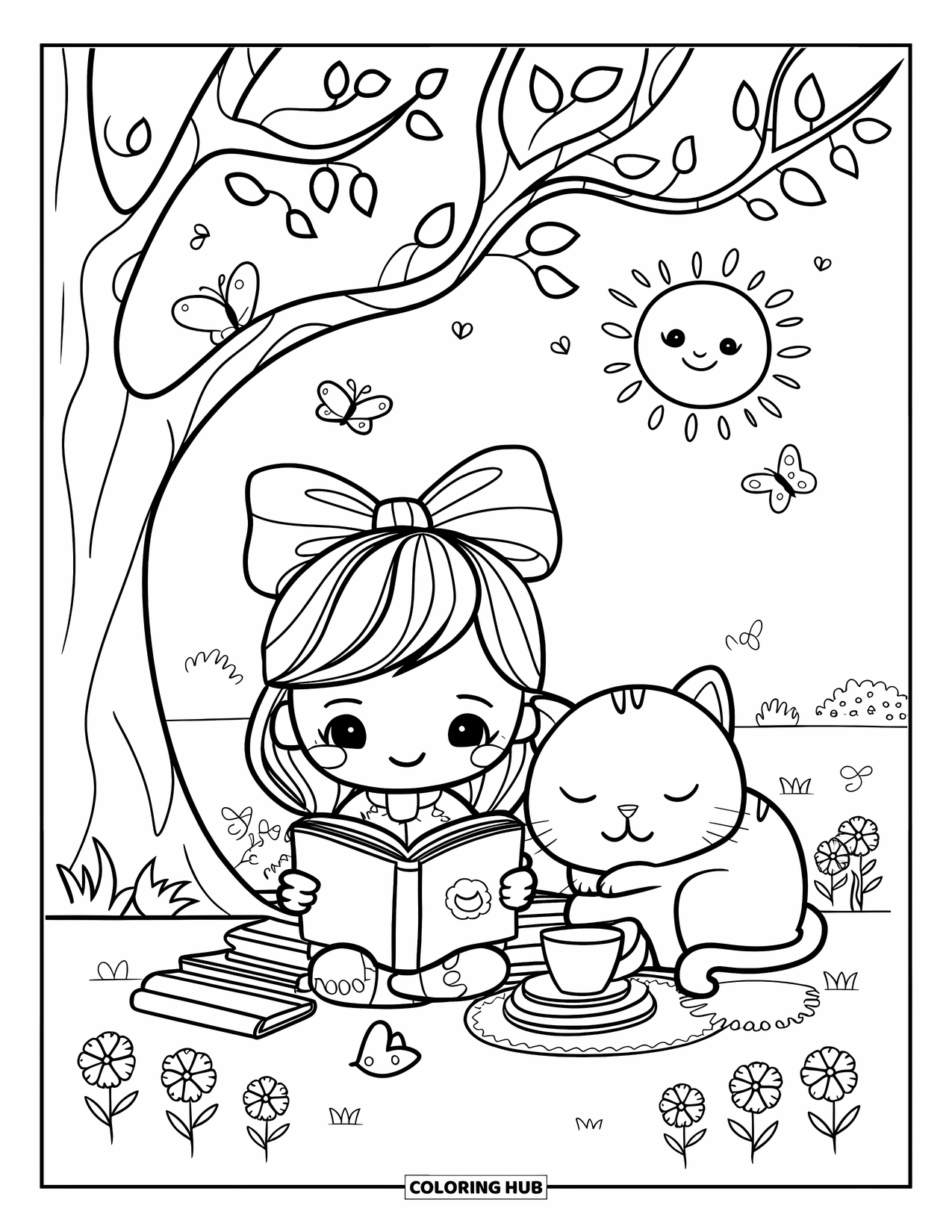 Sonnen Tag Ausmalbild für Erwachsene: Ein entspannter Nachmittag mit einem Mädchen, ihrem Buch, einem Teeservice und einer kuscheligen Katze