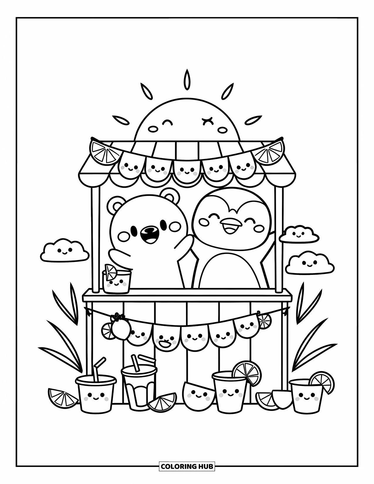 Sonnen Tag Ausmalbild für Erwachsene: Ein winziger Bär und ein Pinguin servieren an einem sonnigen Tag flauschigen Wolken Limonade