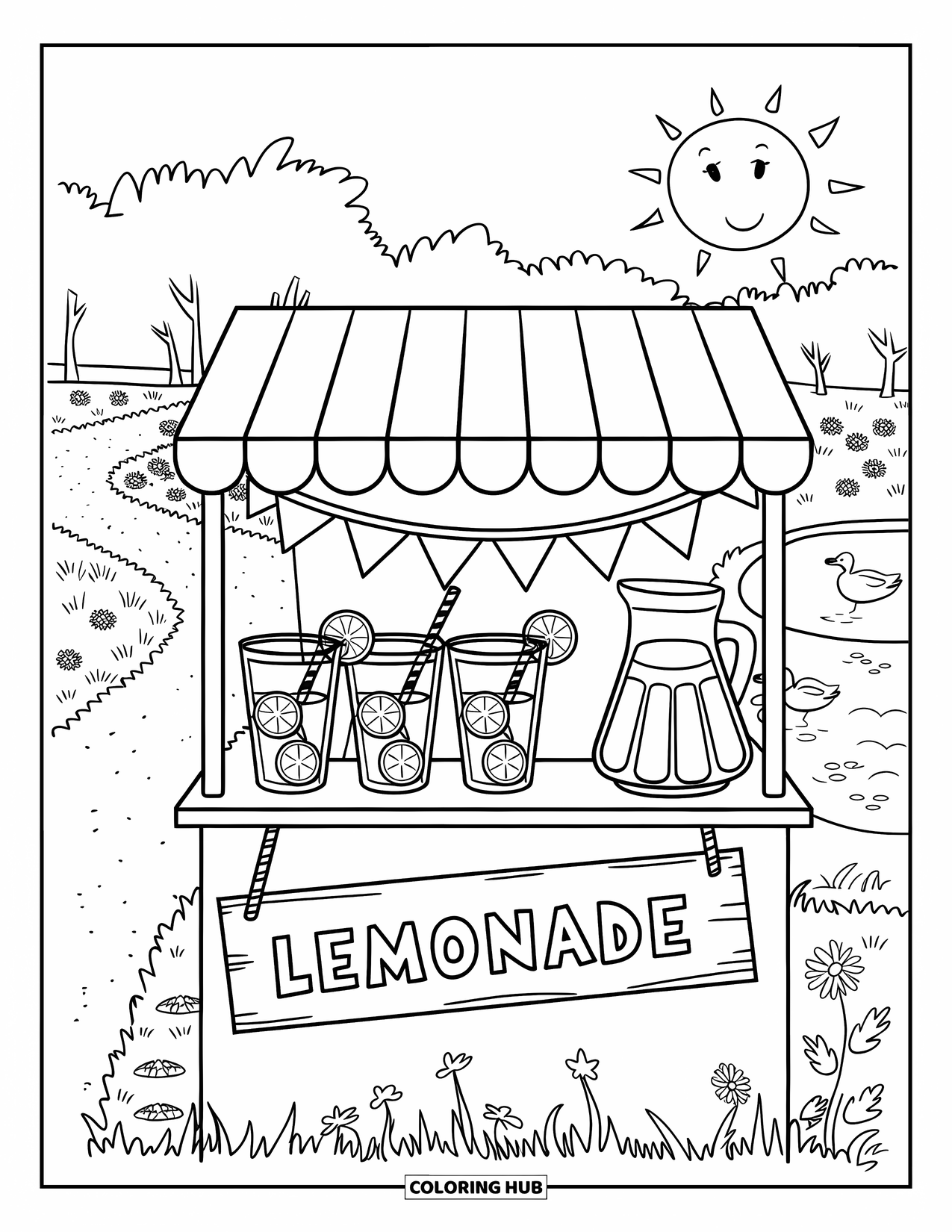 Sonnen Tag Ausmalbild für Erwachsene: Ein winziger Bär und ein Pinguin servieren fröhlich Limonade von ihrem charmanten Stand im Park