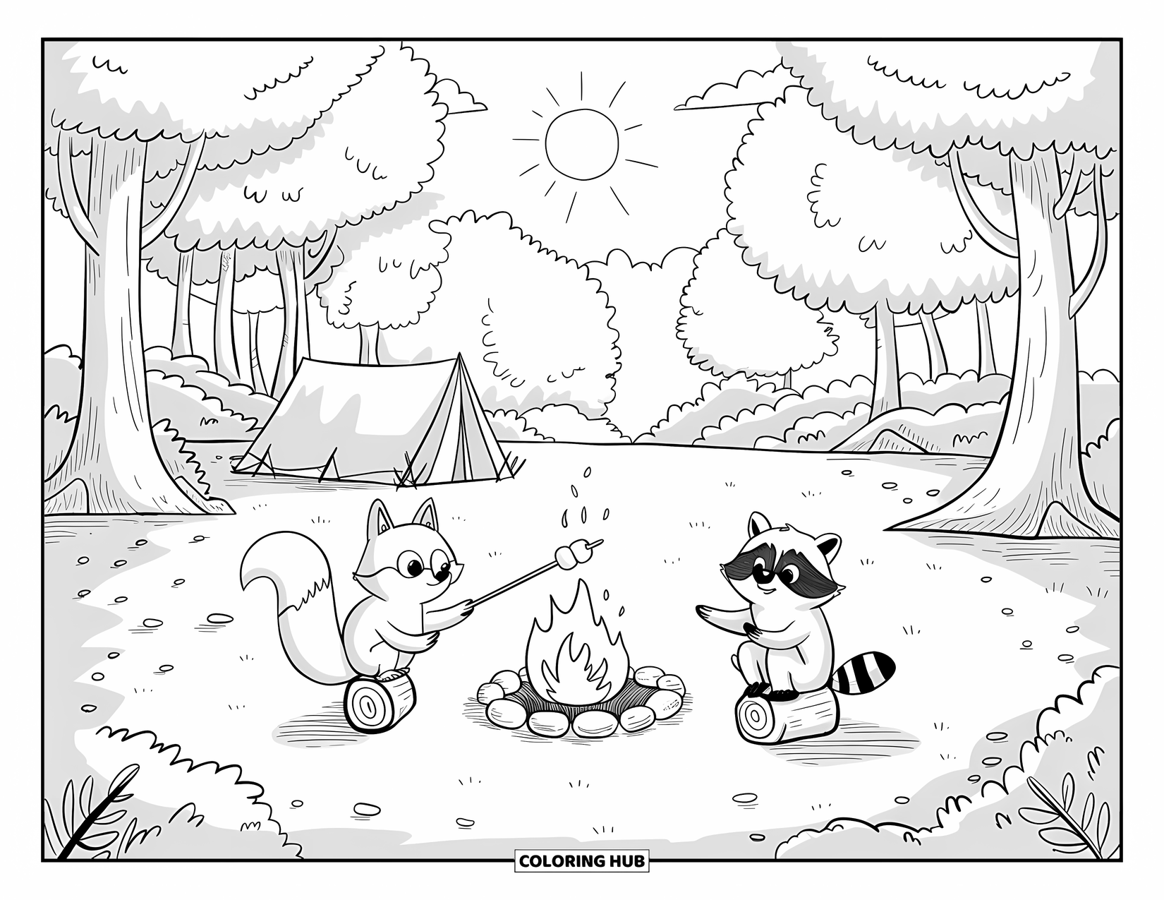 Sonnen Tag Ausmalbild für Erwachsene: Ein winziger Fuchs und ein Waschbär rösten Marshmallows über einem Lagerfeuer in einem friedlichen Wald