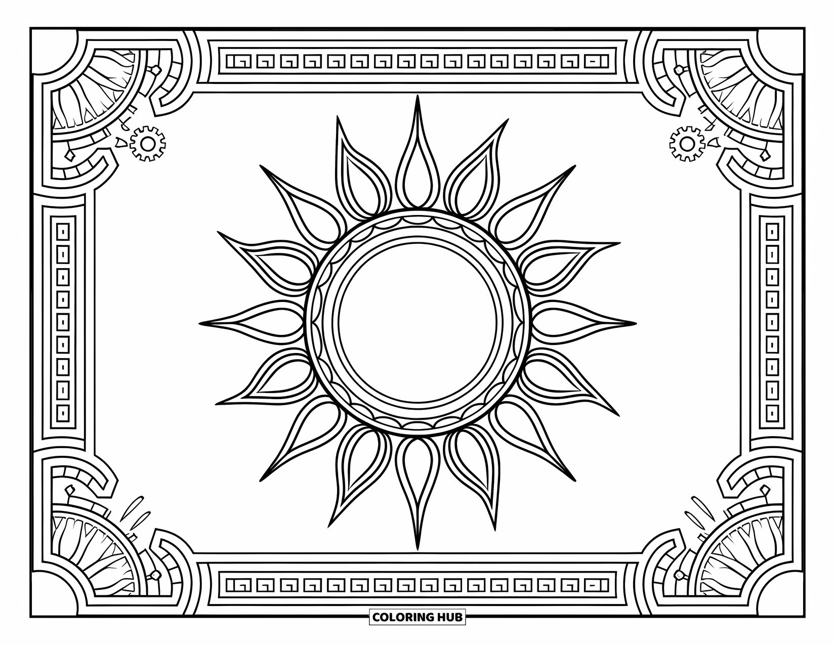 Sonnen Tag Ausmalbild für Erwachsene: Eine Sonne im viktorianischen Stil mit Zahnrädern und verzierten Steampunk-Details scheint inmitten dekorativer Muster