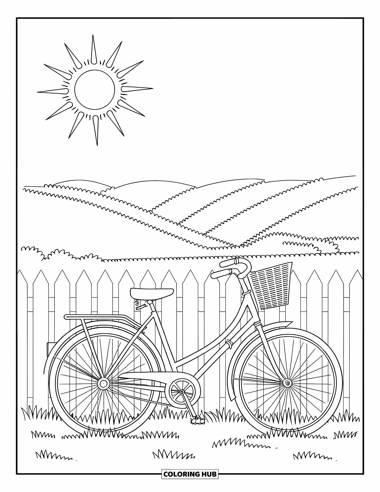 Sonnen Tag Ausmalbild für Erwachsene: Ein Vintage-Fahrrad lehnt an einem Lattenzaun, umgeben von sanften Hügeln und Sonnenschein