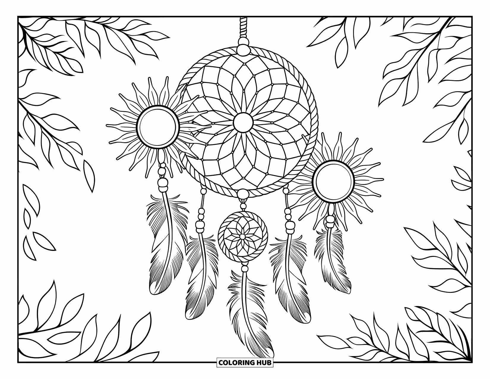 Sonnen Tag Ausmalbild für Erwachsene: Ein gewebter Traumfänger mit Sonnendesigns und Federn hängt an einem Holzzweig