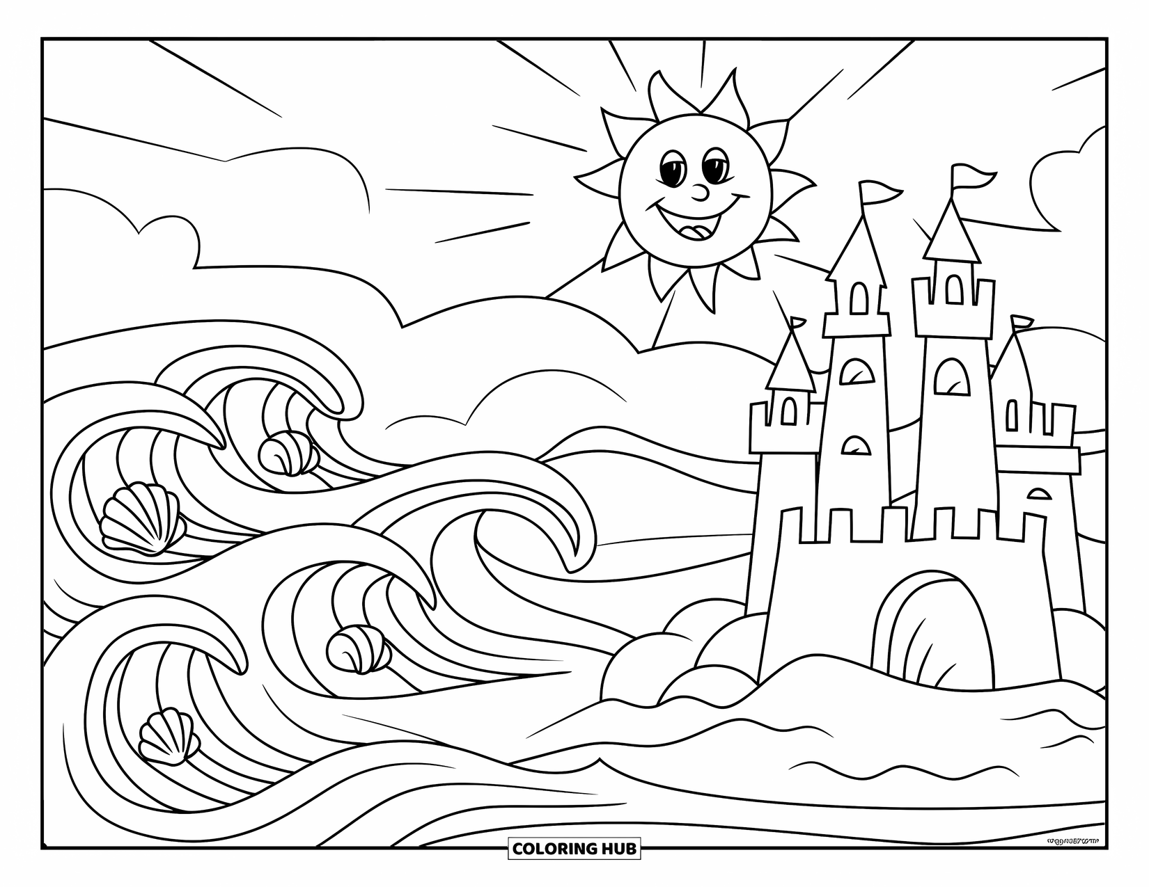 Sonnen Tag Ausmalbild für Kinder: Eine Sandburg am Strand erstrahlt im Sonnenlicht, während kleine Wellen hereinrollen