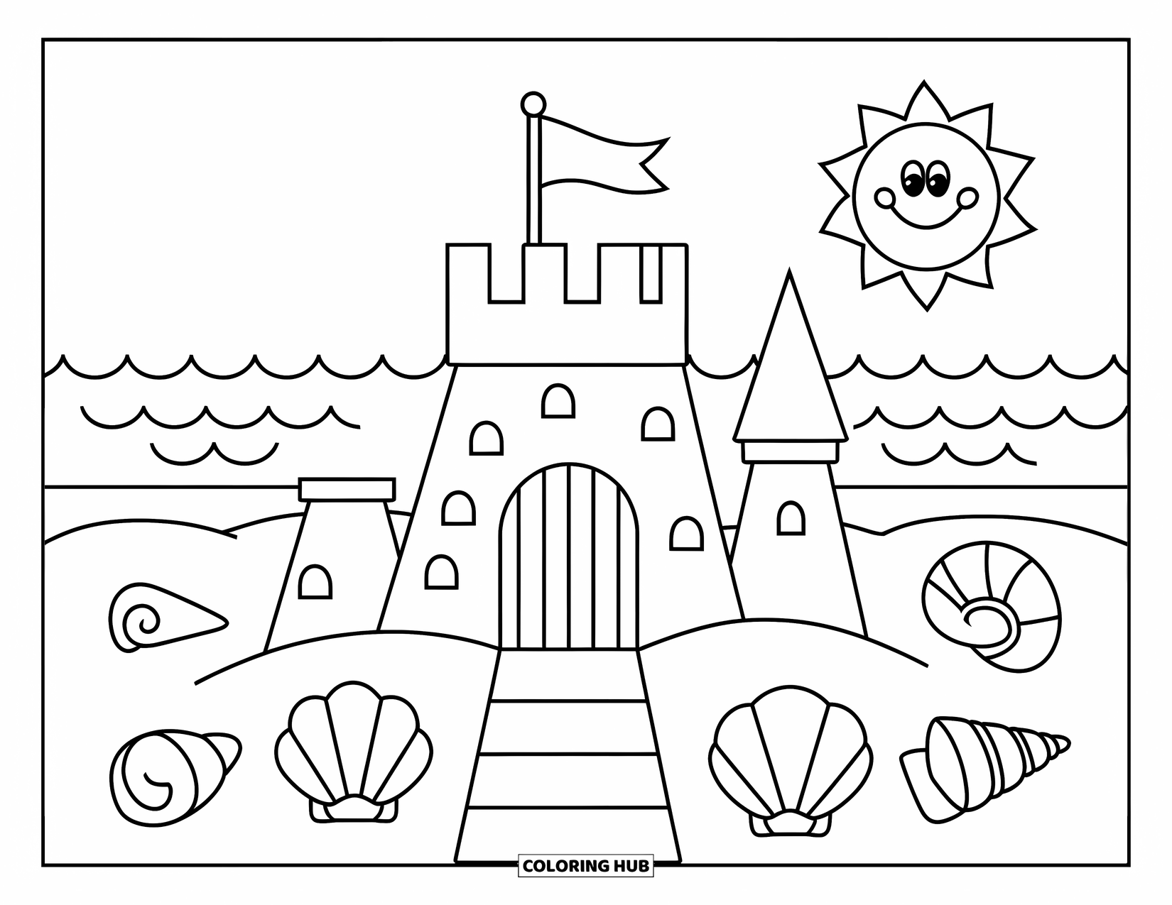 Sonnen Tag Ausmalbild für Kinder: Eine wunderschön detaillierte Sandburg steht am Strand, während Möwen über sie hinwegfliegen