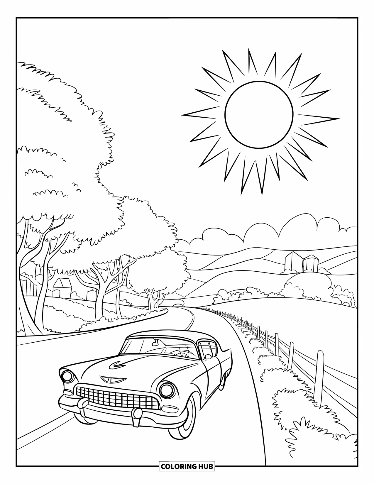 Sonnen Tag Ausmalbild für Kinder: Ein charmantes Oldtimer-Auto folgt einer ruhigen Straße vorbei an sanften Hügeln