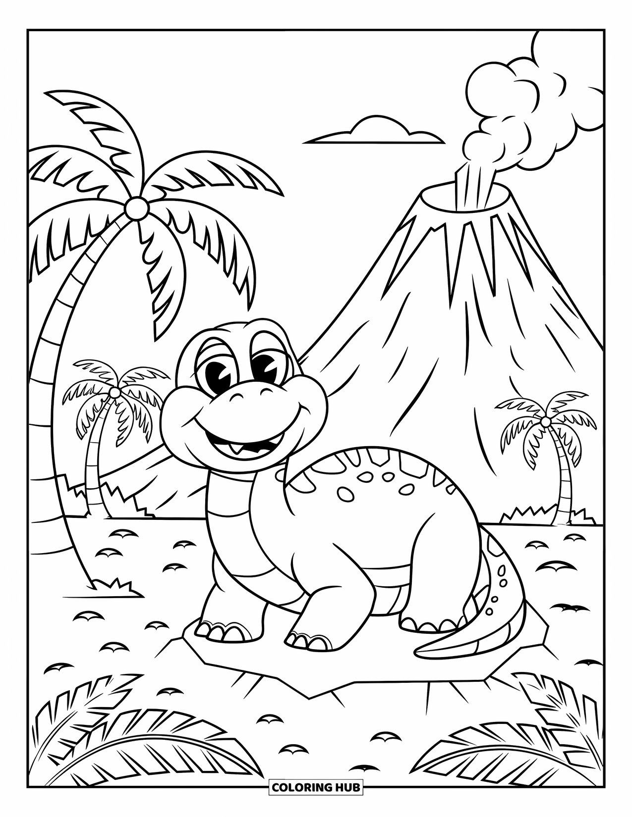 Sonnen Tag Ausmalbild für Kinder: Ein fröhlicher Dinosaurier ruht auf einem Felsen, während ein Vulkan in der Ferne raucht