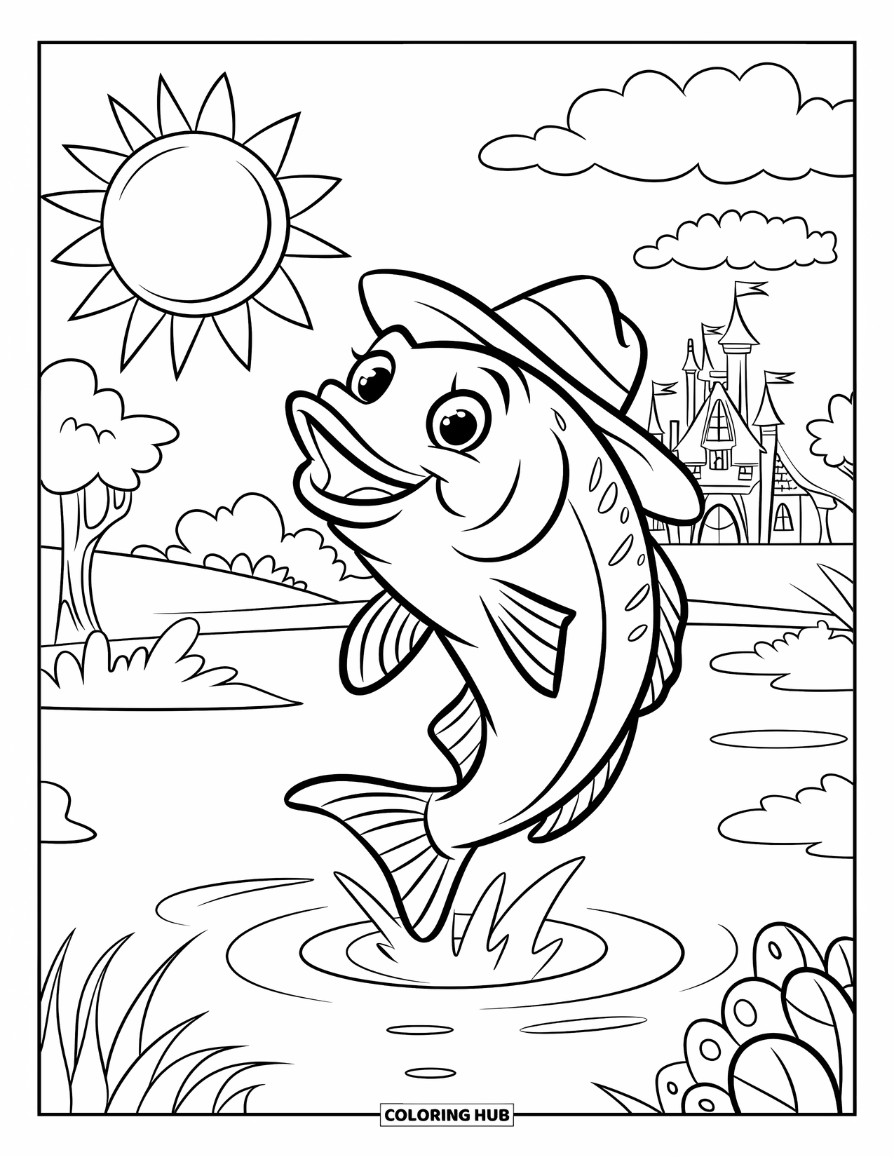 Sonnen Tag Ausmalbild für Kinder: Ein fröhlicher Fisch springt aus dem Teich, während die Sonne über ihm strahlt