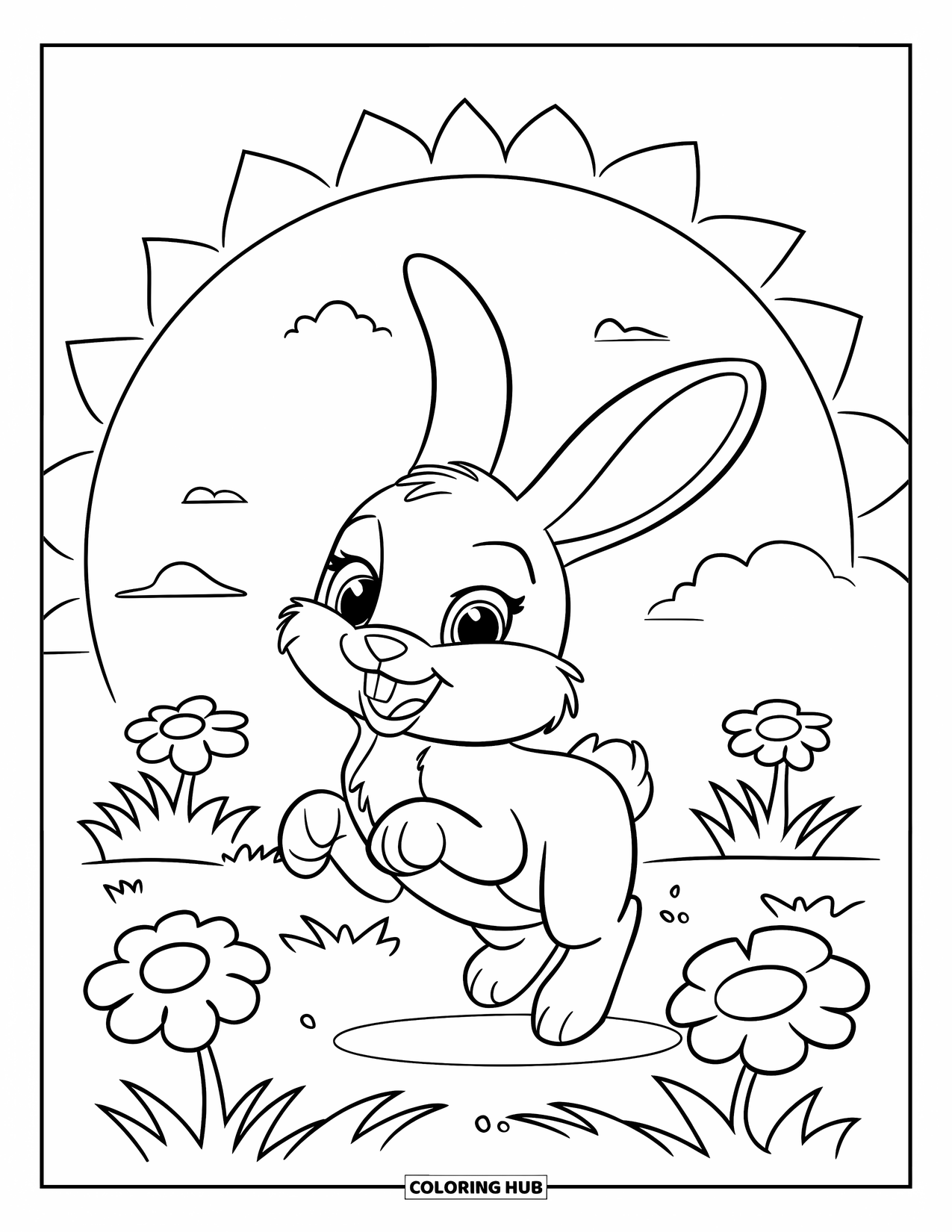 Sonnen Tag Ausmalbild für Kinder: Ein fröhliches Kaninchen hüpft an einem warmen Tag durch ein Blumenfeld