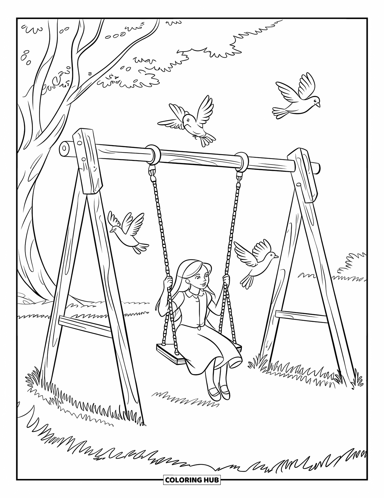 Sonnen Tag Ausmalbild für Kinder: Ein Kind in einem Kleid genießt eine luftige Schaukelfahrt unter einem großen Baum