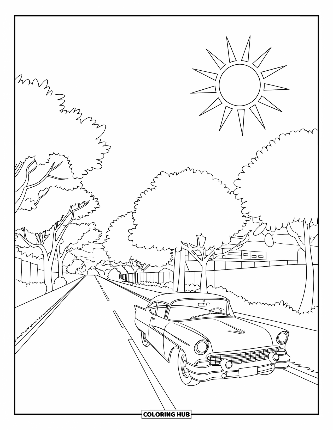 Sonnen Tag Ausmalbild für Kinder: Ein Oldtimer fährt eine ruhige Straße entlang, gesäumt von hohen Bäumen