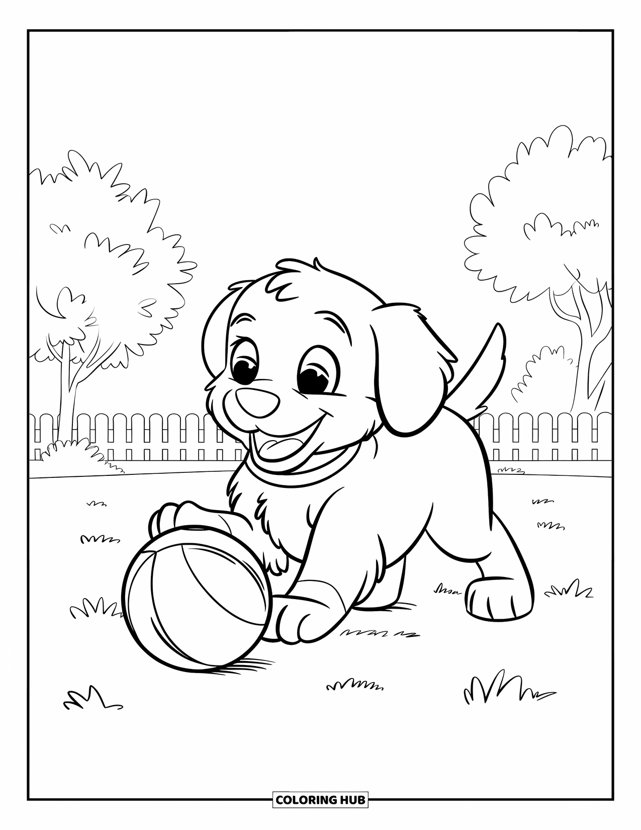 Sonnen Tag Ausmalbild für Kinder: Ein neugieriger Hund spielt mit einem Ball in einem friedlichen Park