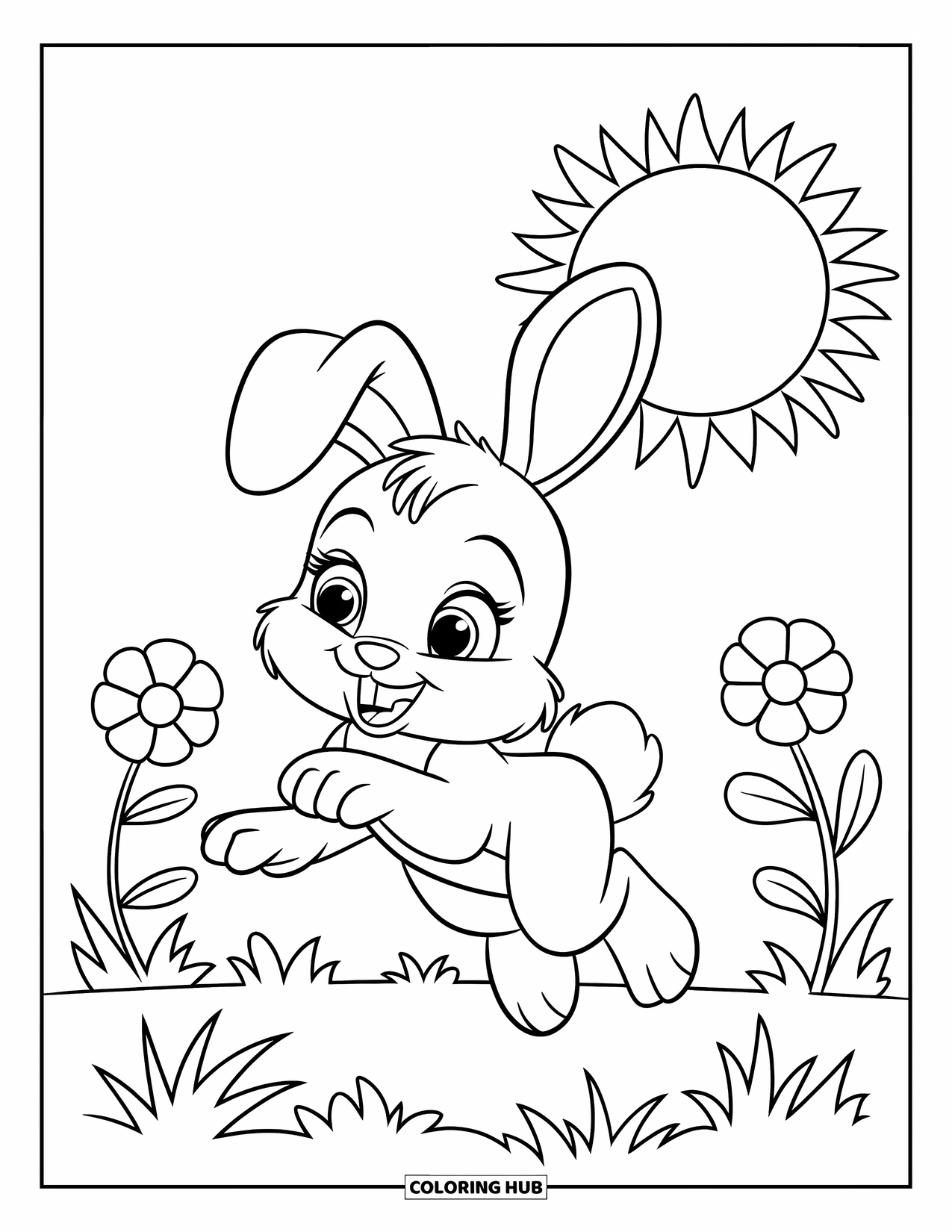 Sonnen Tag Ausmalbild für Kinder: Ein süßer Hase hüpft über eine blumenreiche Wiese unter einer goldenen Sonne