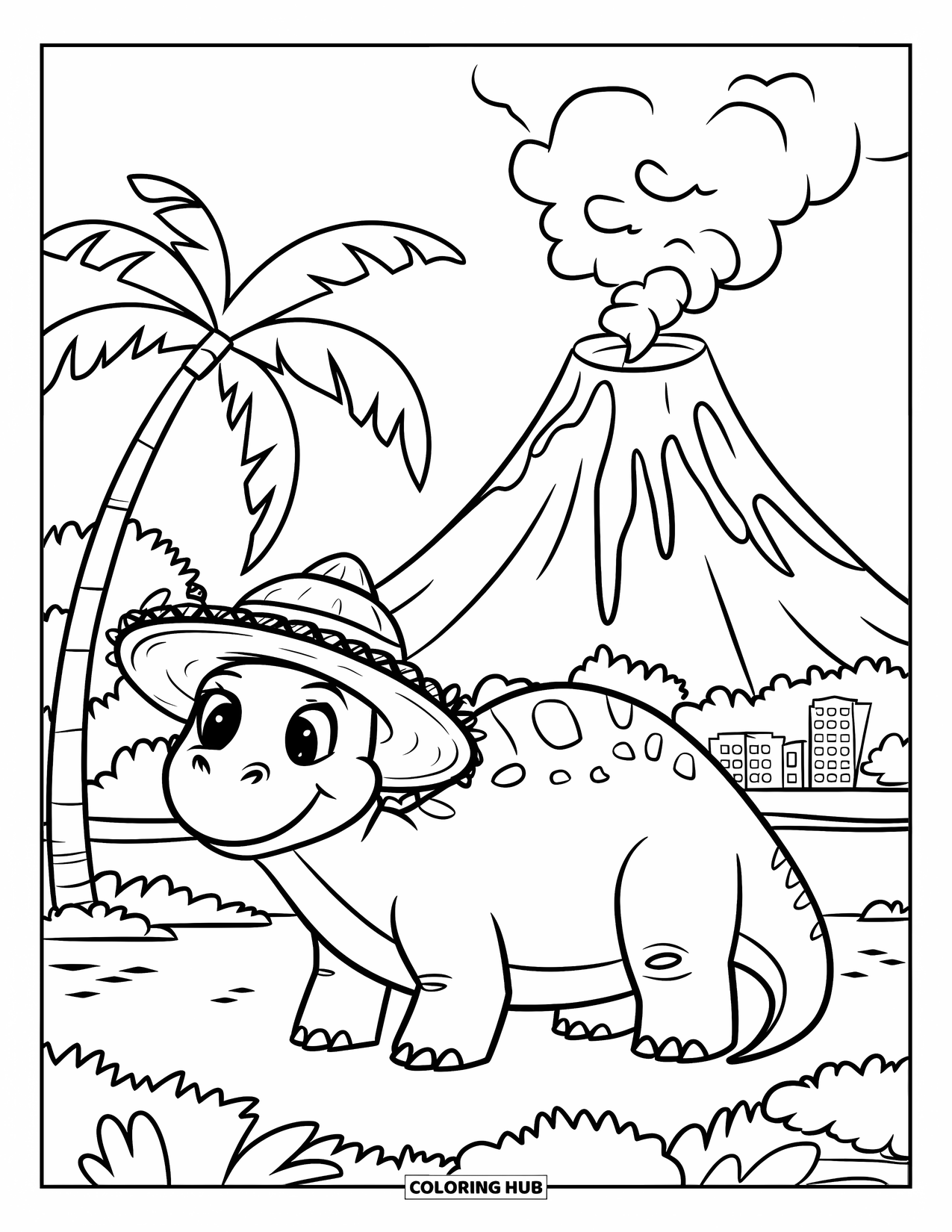 Sonnen Tag Ausmalbild für Kinder: Ein freundlicher Dinosaurier sonnt sich in der Nähe eines rauchenden Vulkans mit wiegenden Palmen