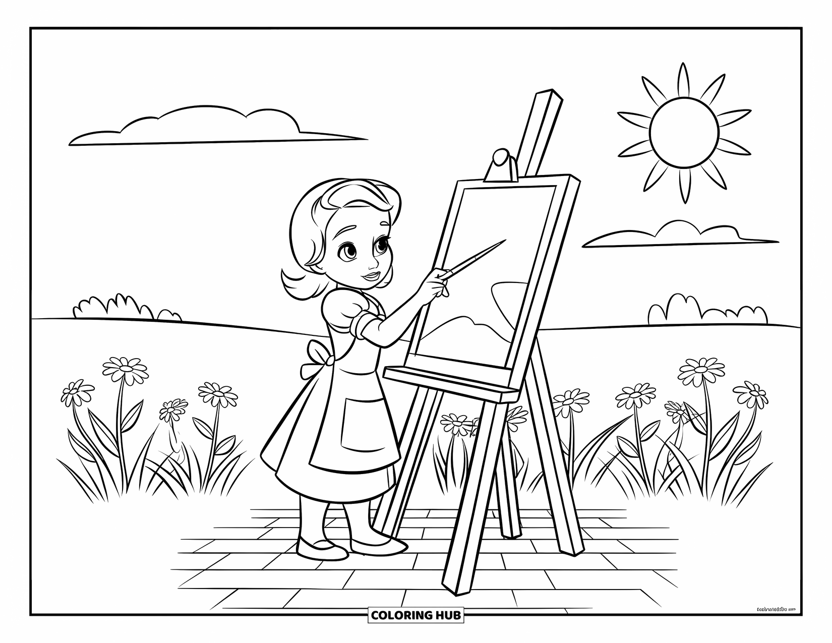 Sonnen Tag Ausmalbild für Kinder: Ein Mädchen in einem rosa Kleid malt freudig in einem Feld bunter Wildblumen