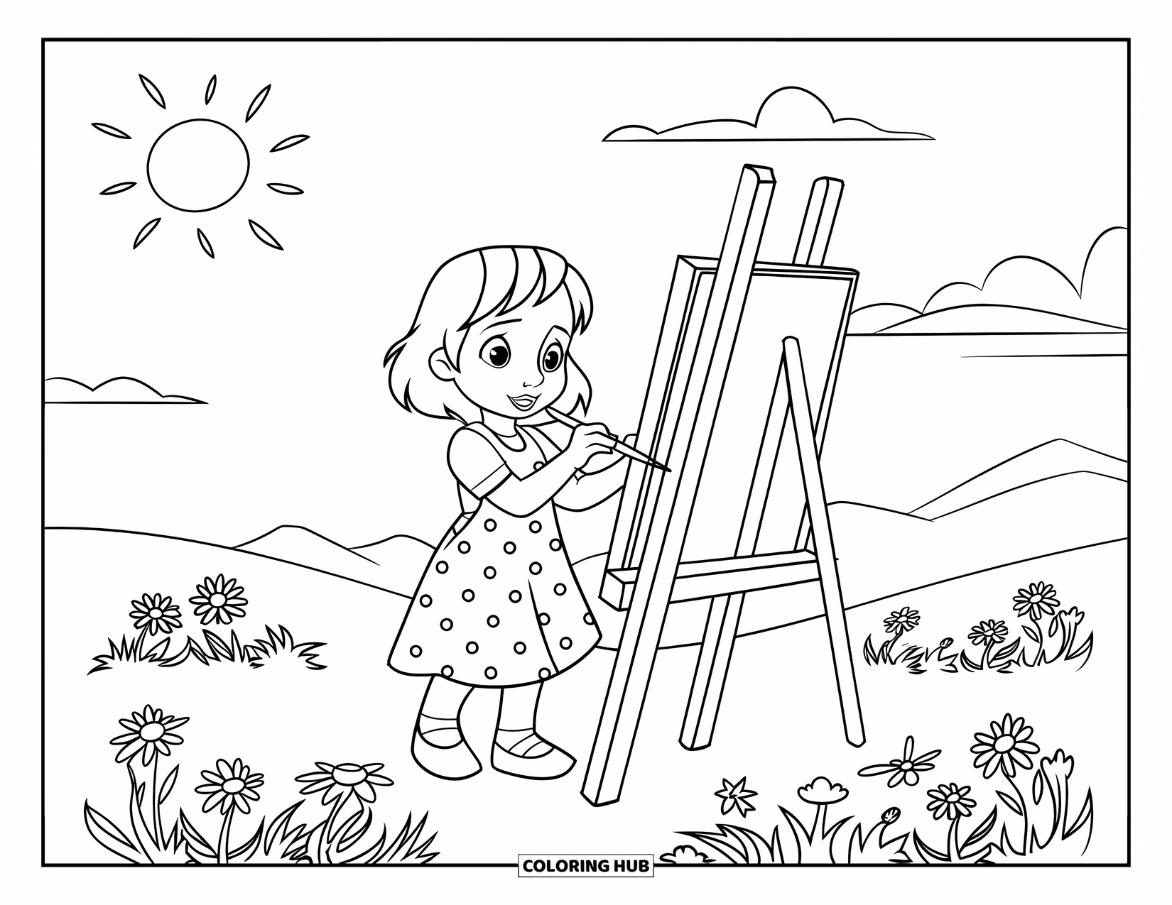 Sonnen Tag Ausmalbild für Kinder: Ein Mädchen in einem gepunkteten Kleid kreiert Kunst auf einer blumenreichen Wiese