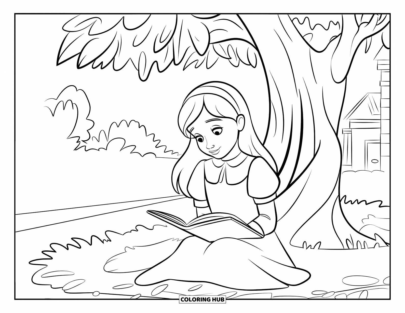Sonnen Tag Ausmalbild für Kinder: Ein Mädchen mit langen Haaren genießt ein Buch im kühlen Schatten eines Baumes