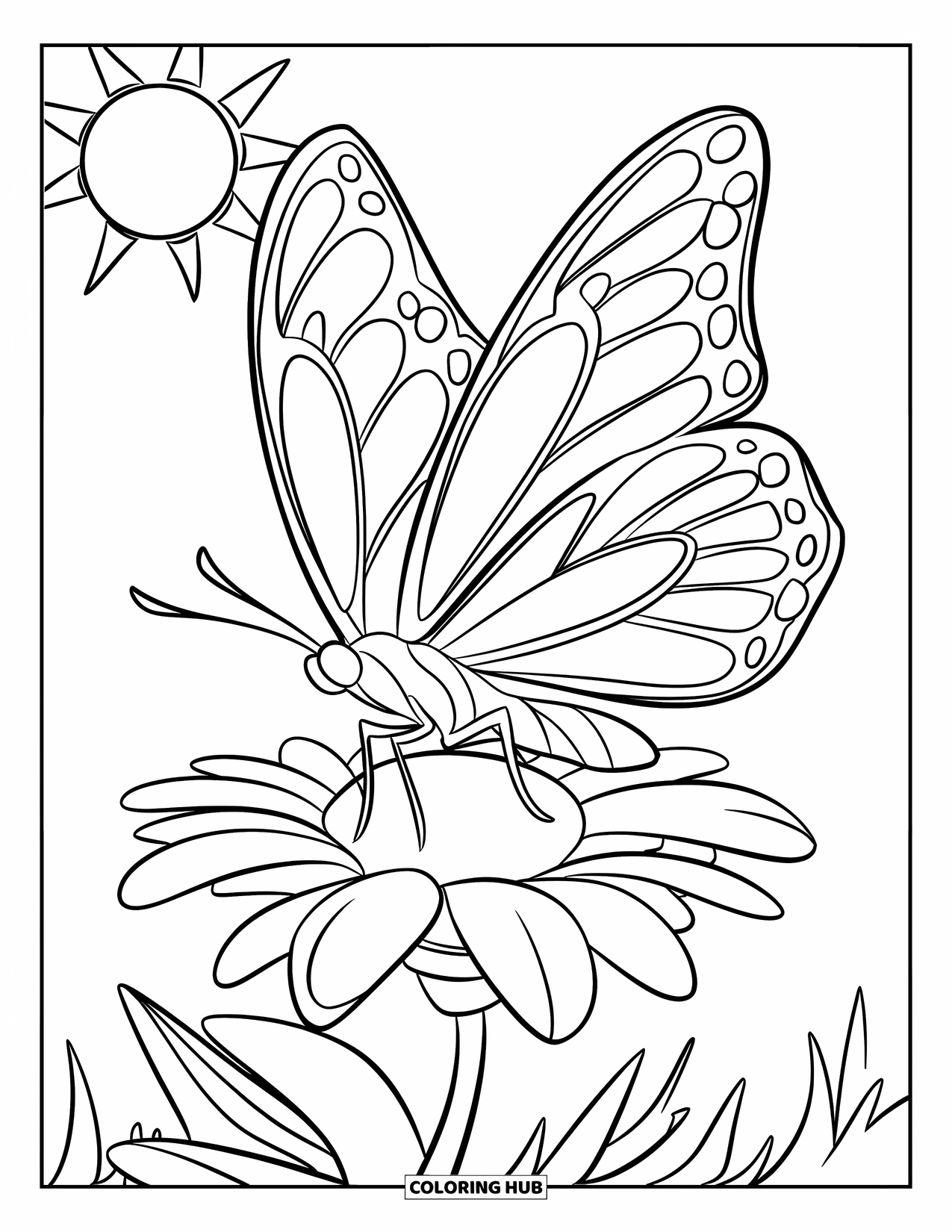 Sonnen Tag Ausmalbild für Kinder: Ein anmutiger Schmetterling flattert um eine blühende Blume unter der warmen Sonne