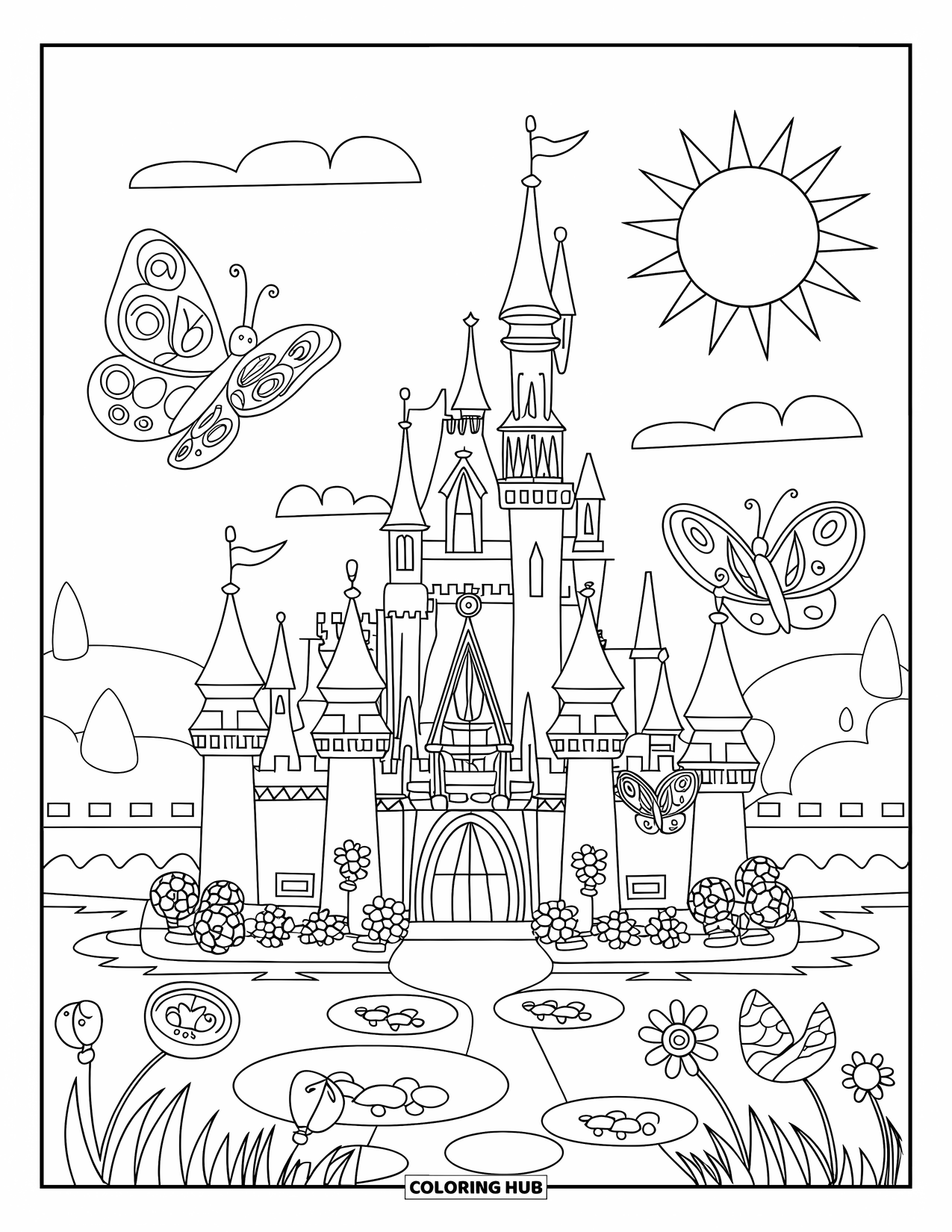 Sonnen Tag Ausmalbild für Kinder: Ein großes Schloss überblickt einen friedlichen Wassergraben, während Schmetterlinge in der Nähe tanzen