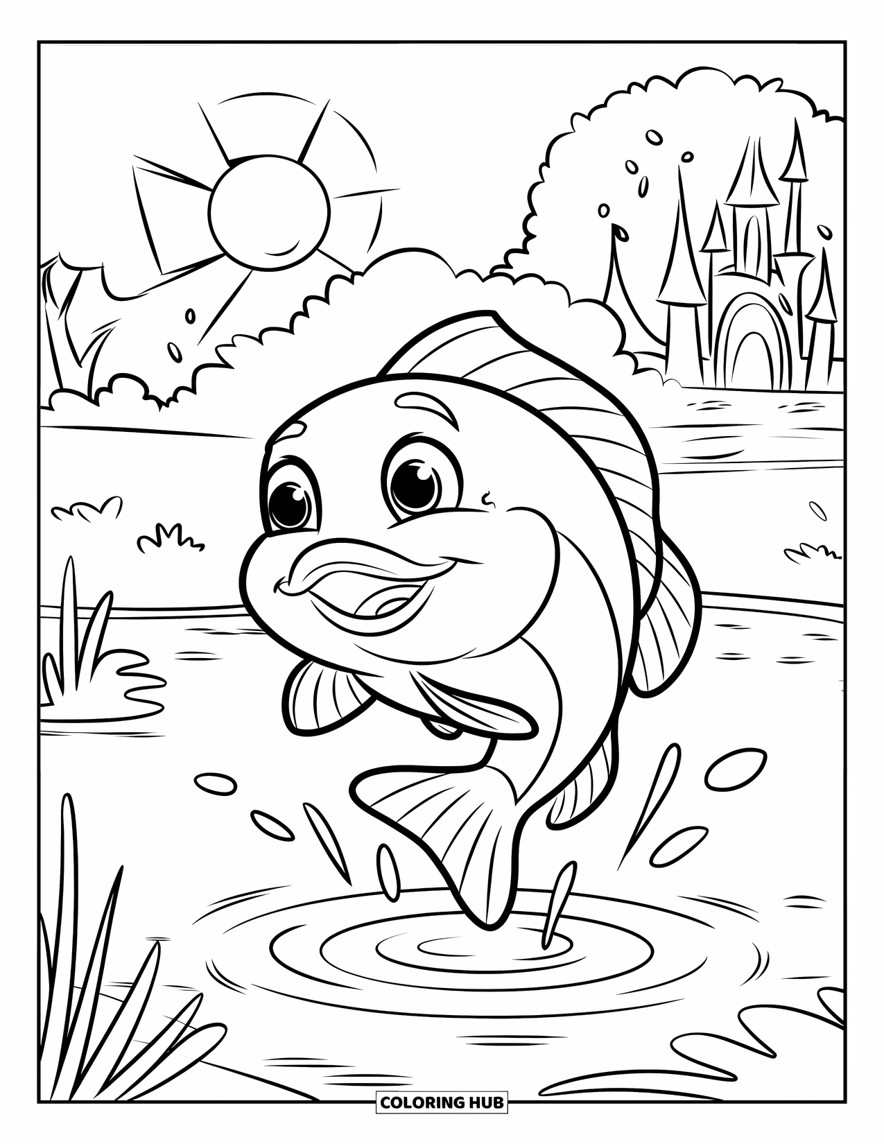 Sonnen Tag Ausmalbild für Kinder: Ein glücklicher Fisch planscht im Teich, während sanfte Wellen nach außen dringen