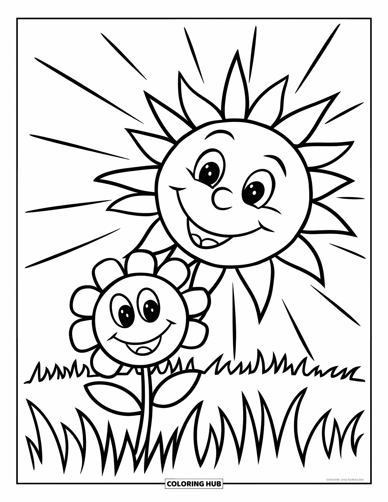 Sonnen Tag Ausmalbild für Kinder: Eine fröhliche Blume streckt sich den warmen Strahlen der lächelnden Sonne entgegen