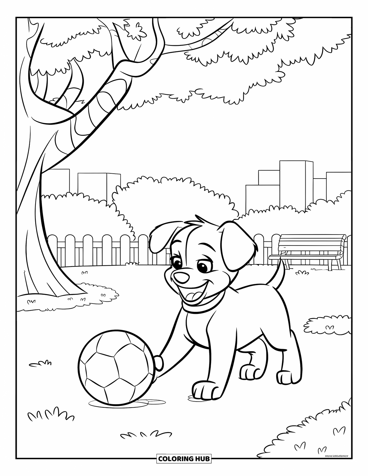 Sonnen Tag Ausmalbild für Kinder: Ein glücklicher Welpe rennt einem hüpfenden Ball im grünen Gras hinterher