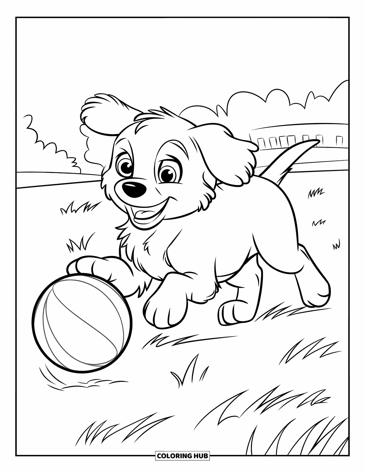 Sonnen Tag Ausmalbild für Kinder: Ein fröhlicher Welpe sprintet durch das Gras, die Ohren flattern im Wind