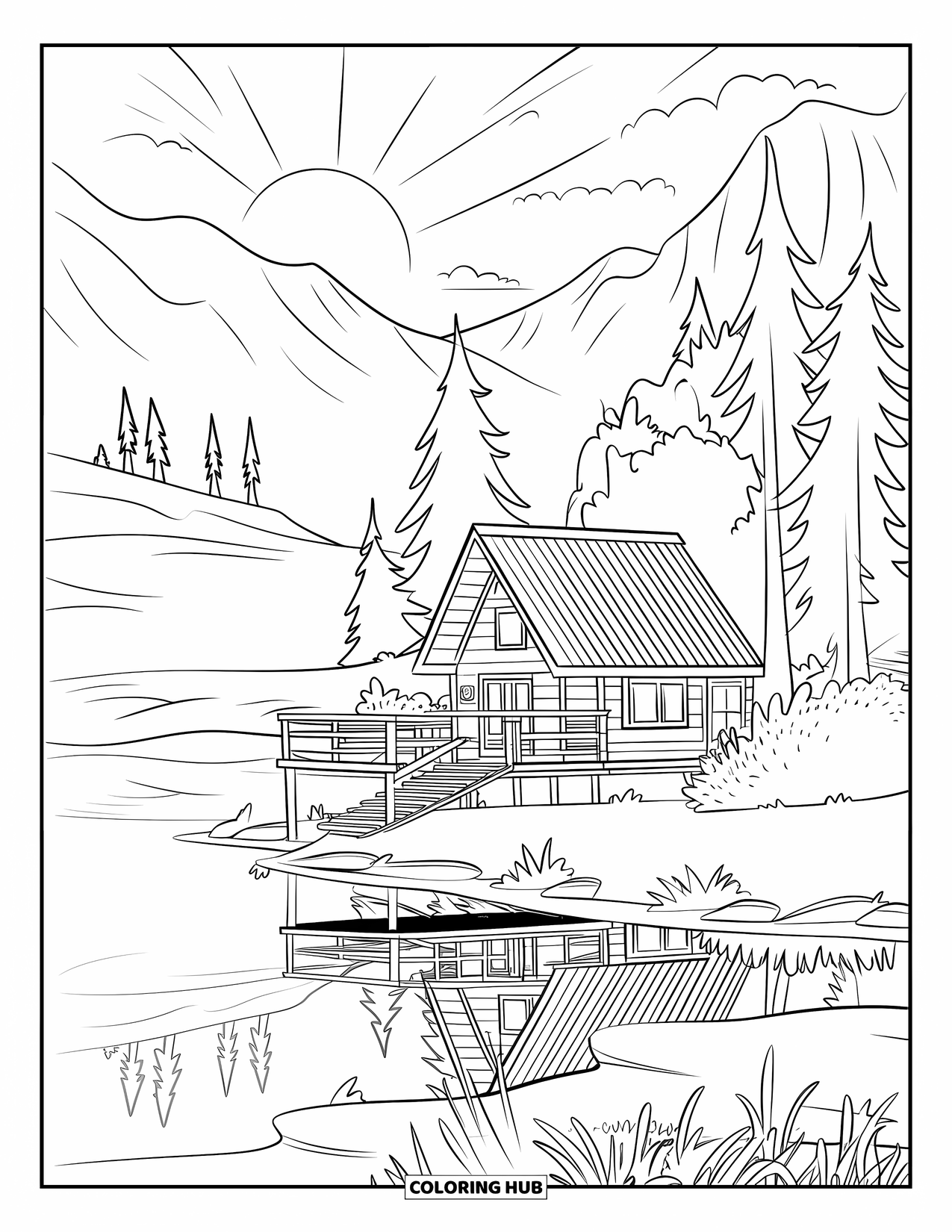 Sonnen Tag Ausmalbild für Kinder: Eine Hütte am See steht inmitten hoher Bäume und spiegelt sich im ruhigen Wasser