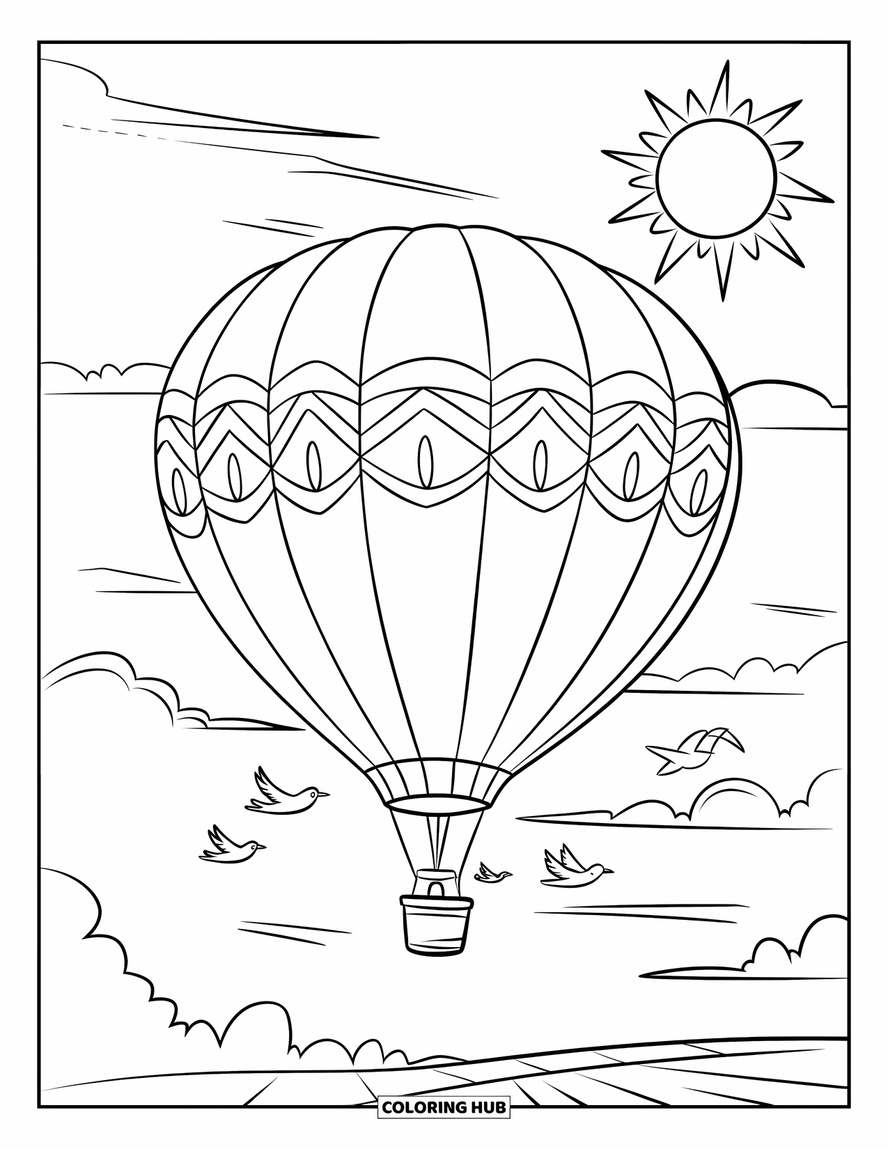 Sonnen Tag Ausmalbild für Kinder: Ein großer Heißluftballon gleitet friedlich durch einen wolkenverhangenen Himmel