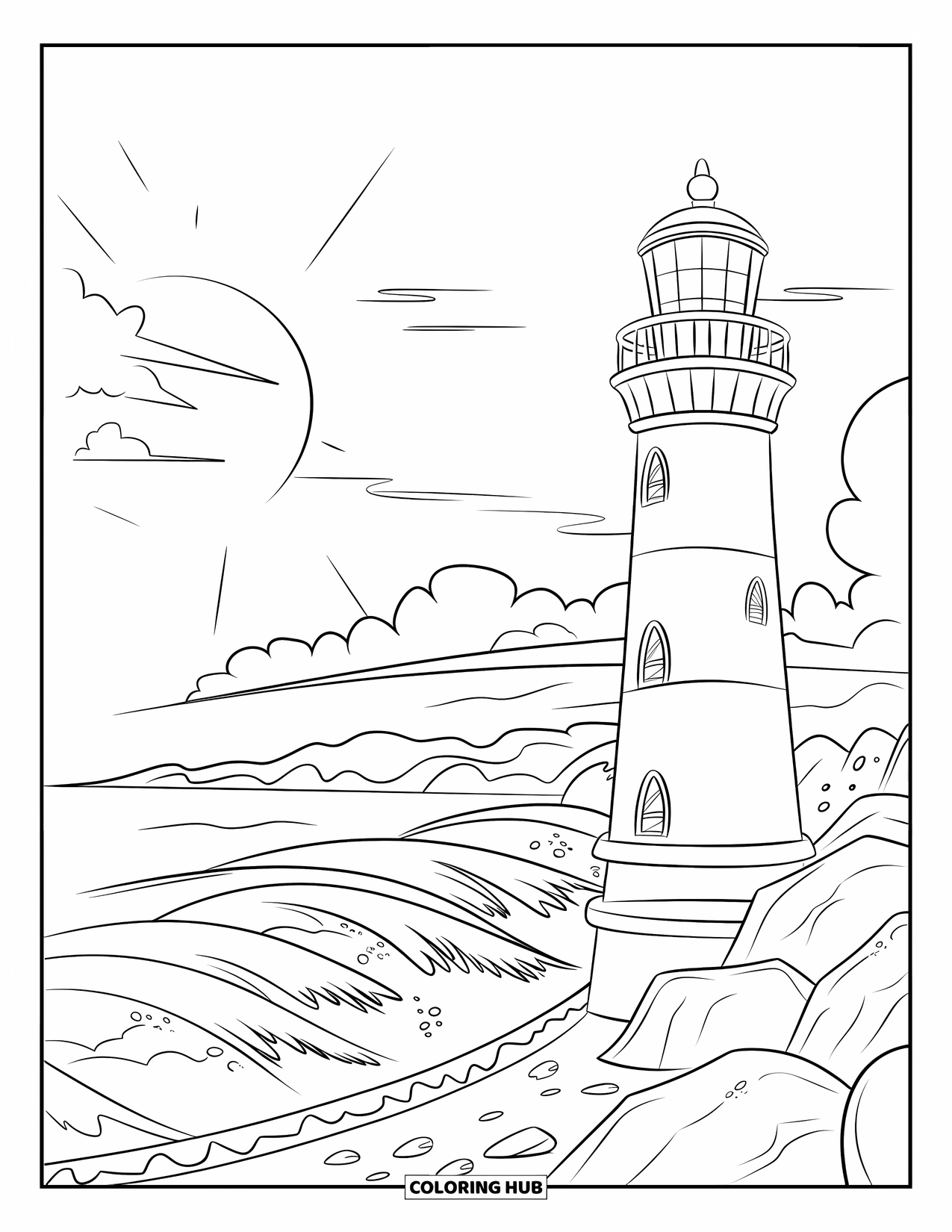 Sonnen Tag Ausmalbild für Kinder: Ein Leuchtturm steht hoch an den tosenden Wellen unter einem sonnigen Himmel