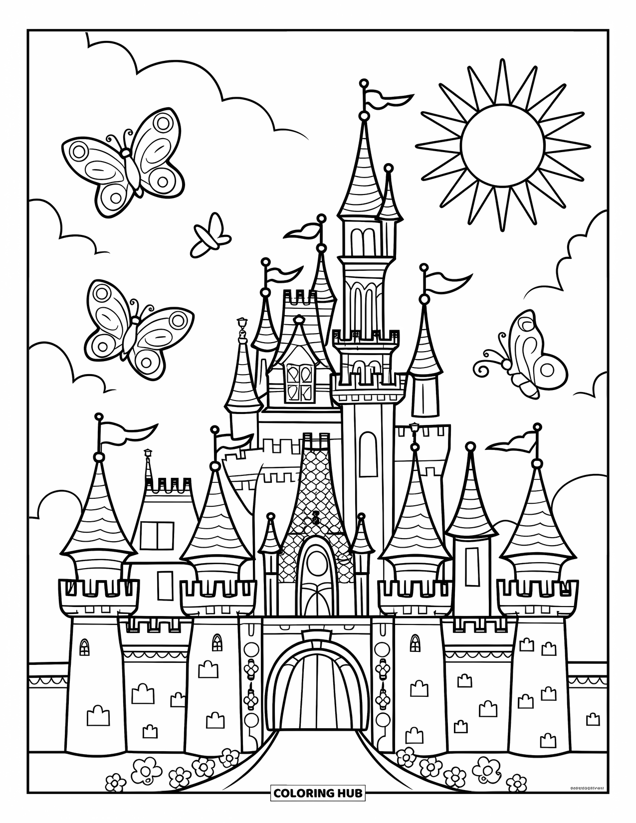 Sonnen Tag Ausmalbild für Kinder: Ein magisches Schloss mit einer Zugbrücke ist von fröhlichen Schmetterlingen umgeben