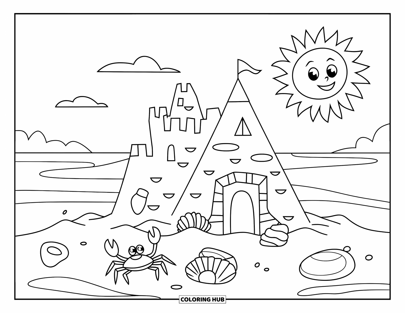 Sonnen Tag Ausmalbild für Kinder: Eine majestätische Sandburg steht stolz am Ufer, umgeben von Muscheln