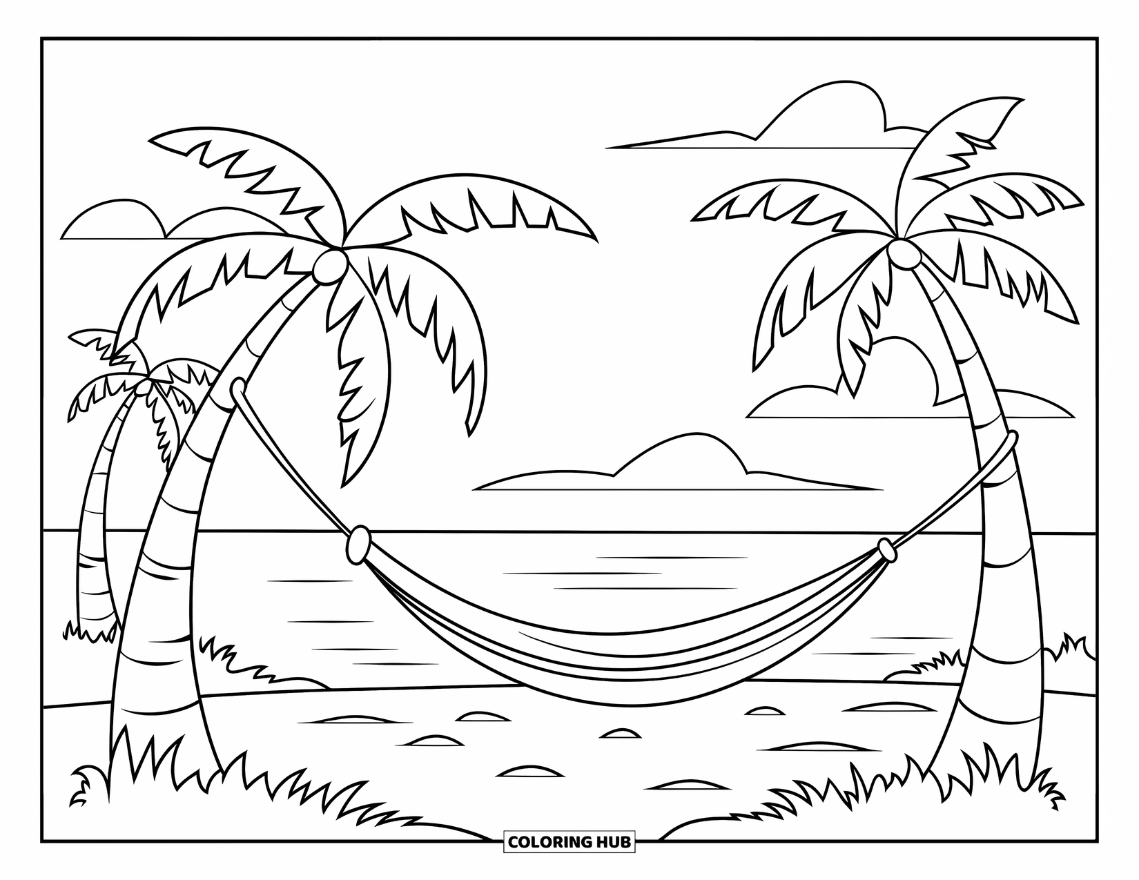 Sonnen Tag Ausmalbild für Kinder: Eine friedliche Strandhütte steht in der Nähe sanfter Wellen unter wiegenden Palmen