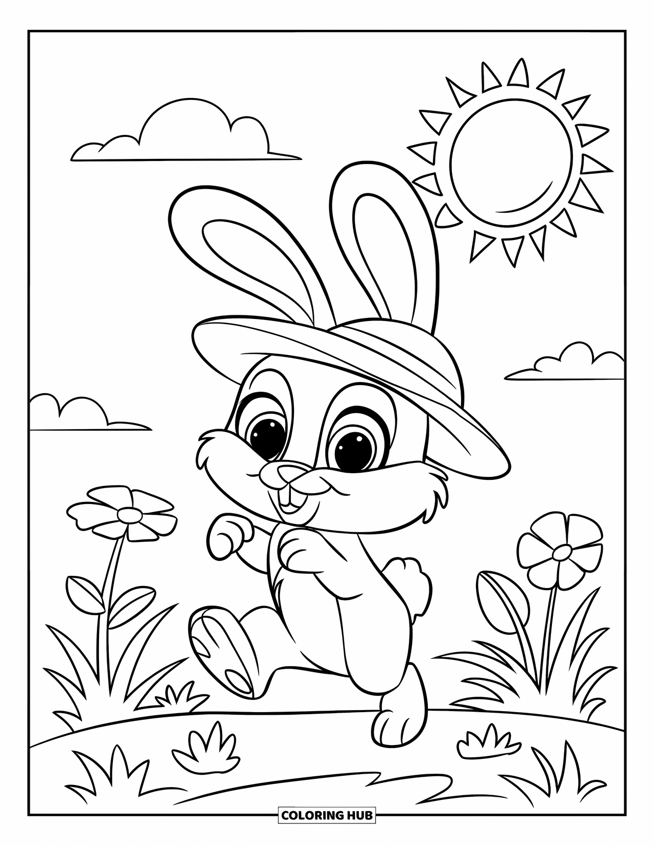 Sonnen Tag Ausmalbild für Kinder: Ein verspielter Hase mit großen Ohren hüpft fröhlich durch das Gras