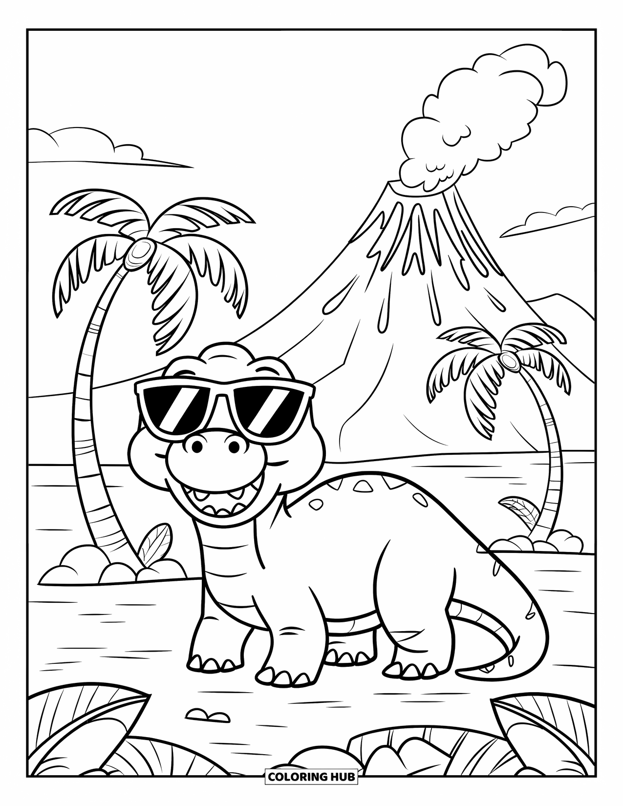 Sonnen Tag Ausmalbild für Kinder: Ein verspielter Dinosaurier mit Sonnenbrille genießt die warme Sonne in der Nähe eines grollenden Vulkans