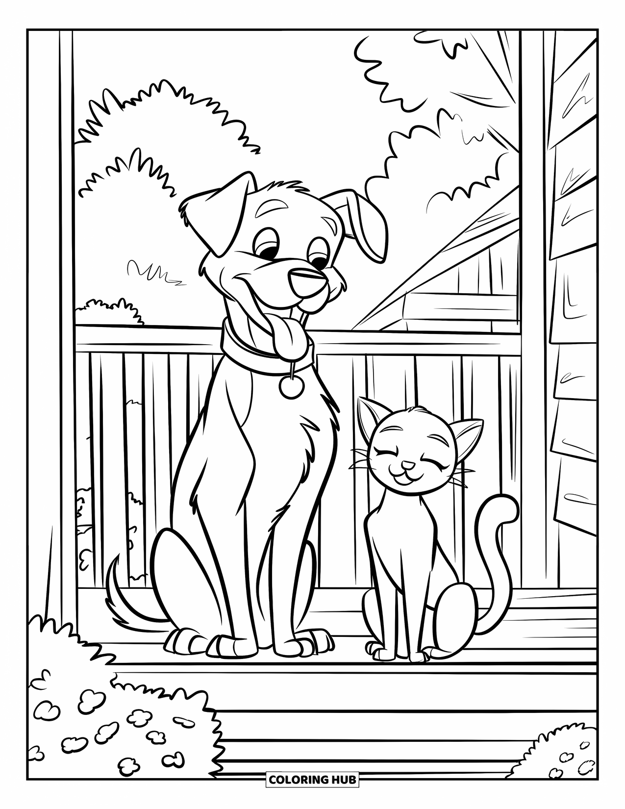 Sonnen Tag Ausmalbild für Kinder: Ein verspielter Welpe und eine neugierige Katze genießen einen faulen Nachmittag auf der Veranda
