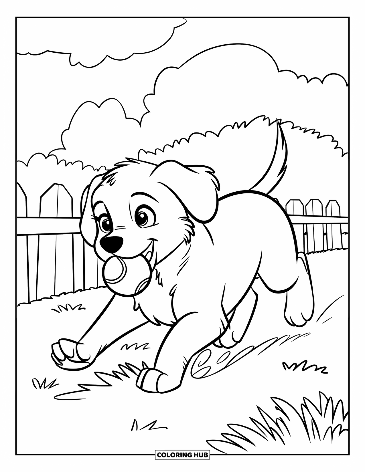 Sonnen Tag Ausmalbild für Kinder: Ein verspielter Welpe jagt einem Ball durch einen sonnenbeschienenen Park hinterher