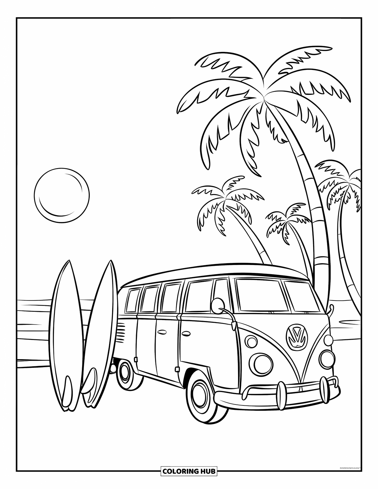 Sonnen Tag Ausmalbild für Kinder: Ein Retro-Van parkt in der Nähe des Strandes, mit Surfbrettern, die dagegen lehnen